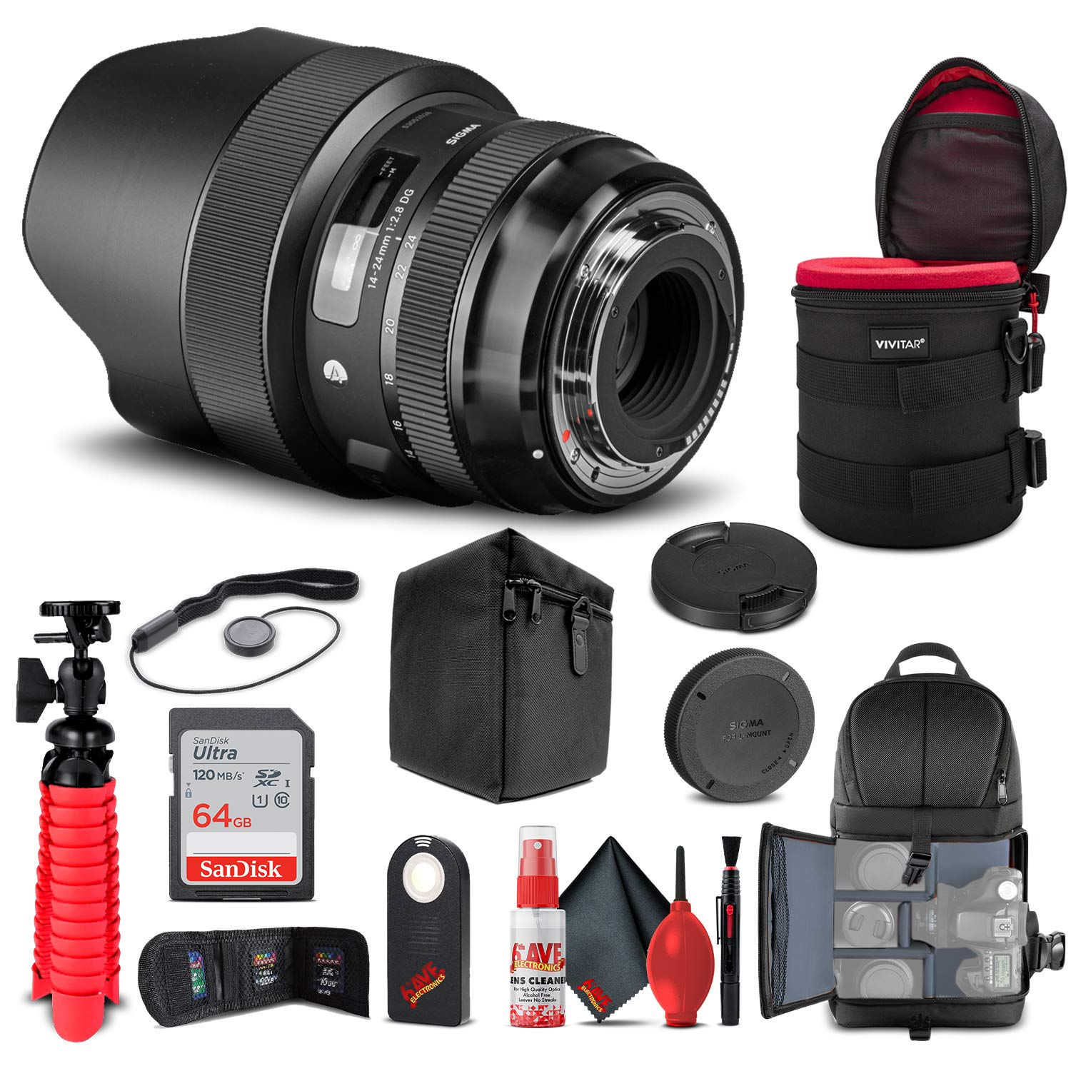 Sigma 14-24mm f/2.8 DG HSM Art Lens for Nikon F (212955) - Full Frame Wide Angle Zoom Lens with Backpack, 64GB SD Card, Lens Case, Card Reader, Cleaning Kit, Tripod & Accessories Bundle - Perfect for Landscape, Architecture & Astrophotography
