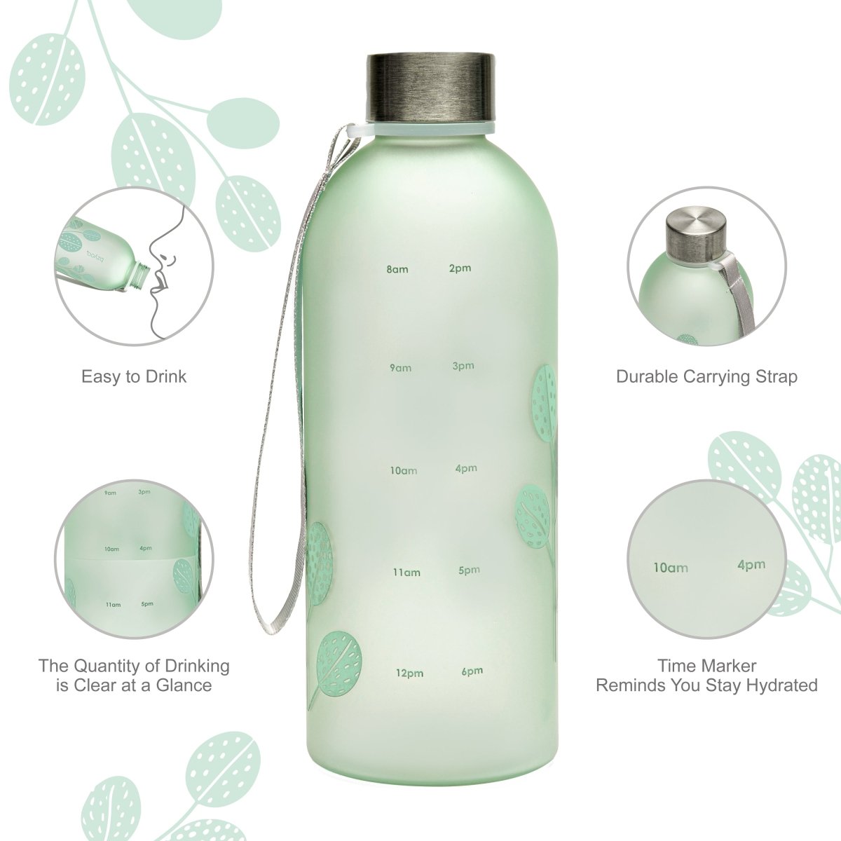 32oz Time Marker Tritan Water Bottle with Carrying Strap - BPA Free Leak Proof Sports Water Bottle for Gym, Hiking & Outdoor Activities - Leaf Green