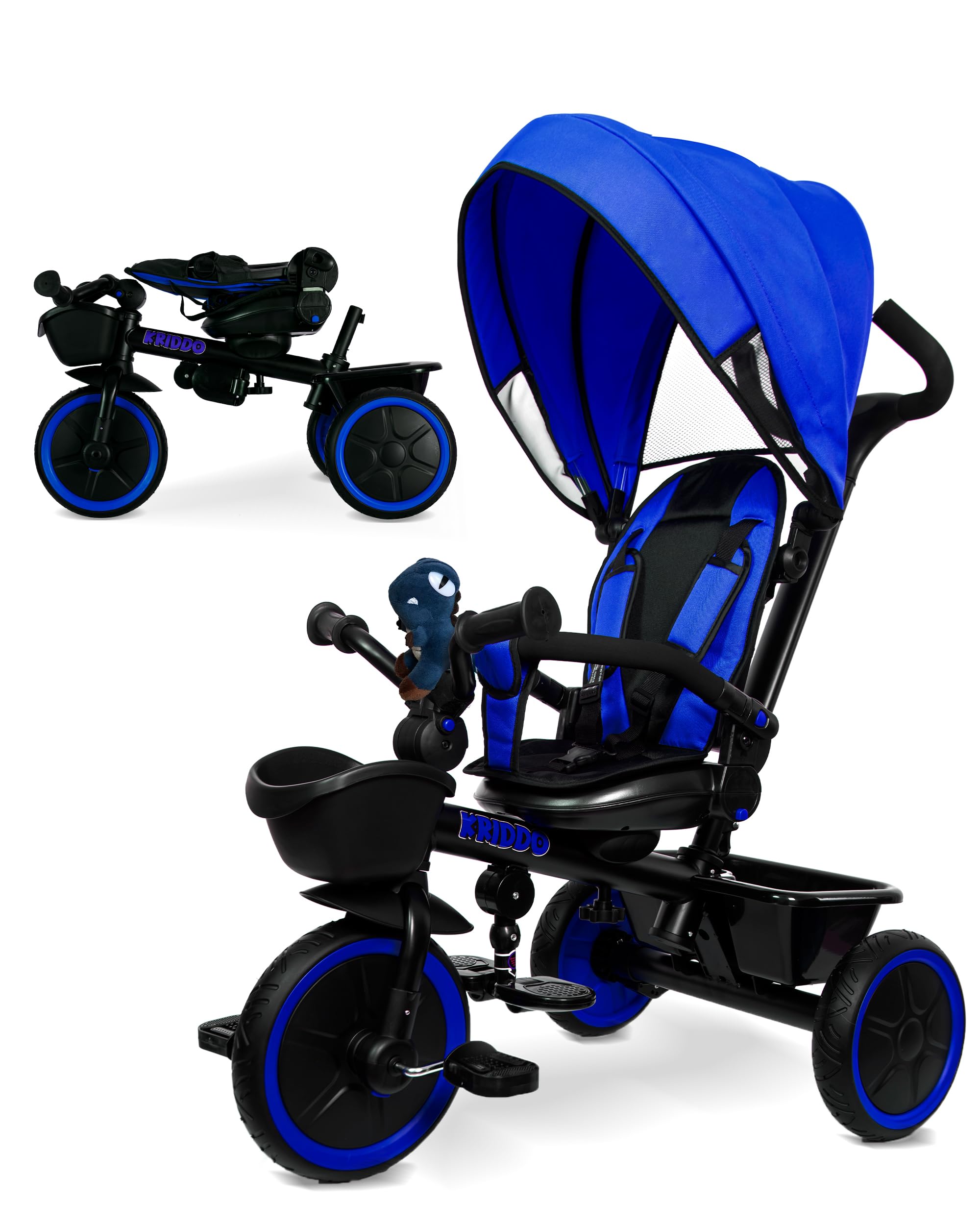 KRIDDO 7-in-1 Convertible Toddler Tricycle Stroller - Adjustable Push Handle, 360° Rotating Seat with Cup Holder & Retractable Canopy - Foldable Baby Trike for Kids 18 Months to 5 Years - Perfect for Park Rides, Neighborhood Walks and Outdoor Family Adventures