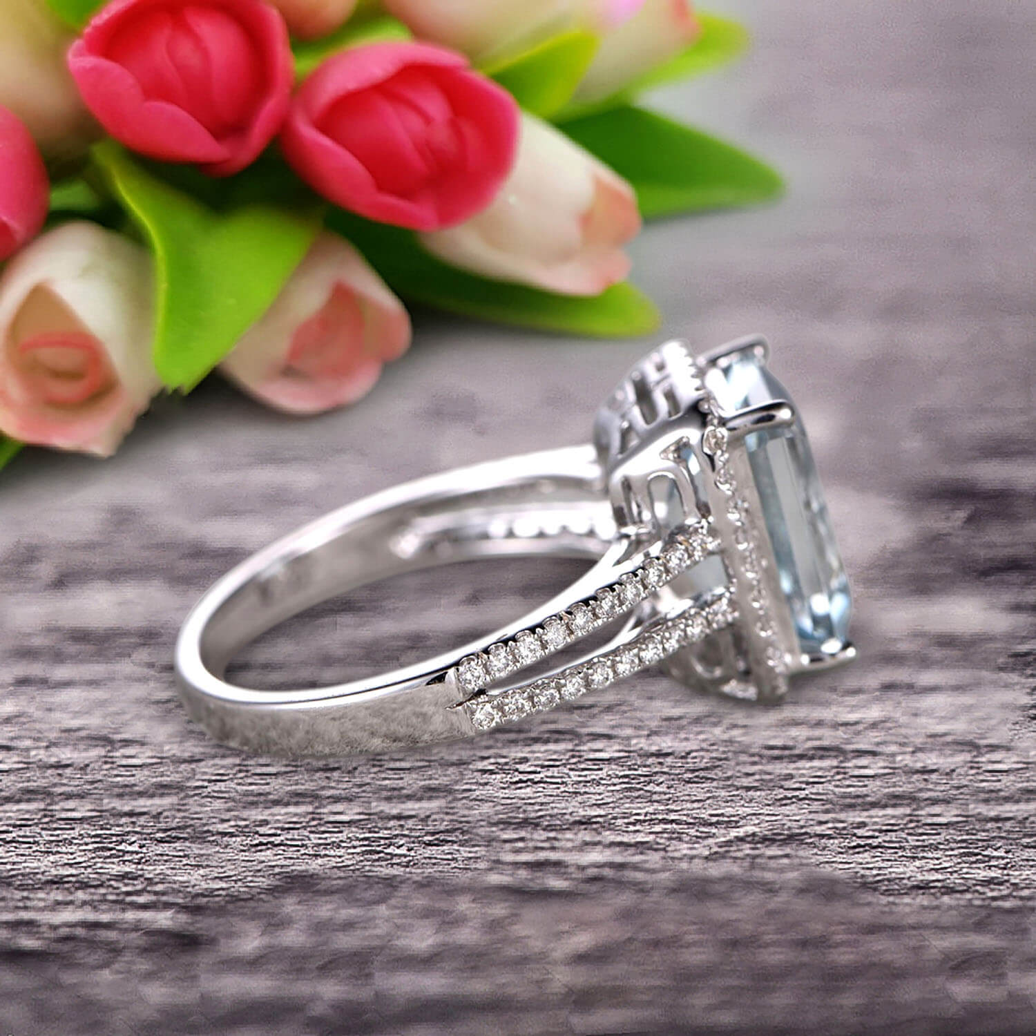 1.50 Carat Emerald Cut Aquamarine Engagement Ring with Diamond & Moissanite Accents in 10k White Gold - Elegant Wedding Band for Brides, Anniversary Gift, Promise Ring for Her