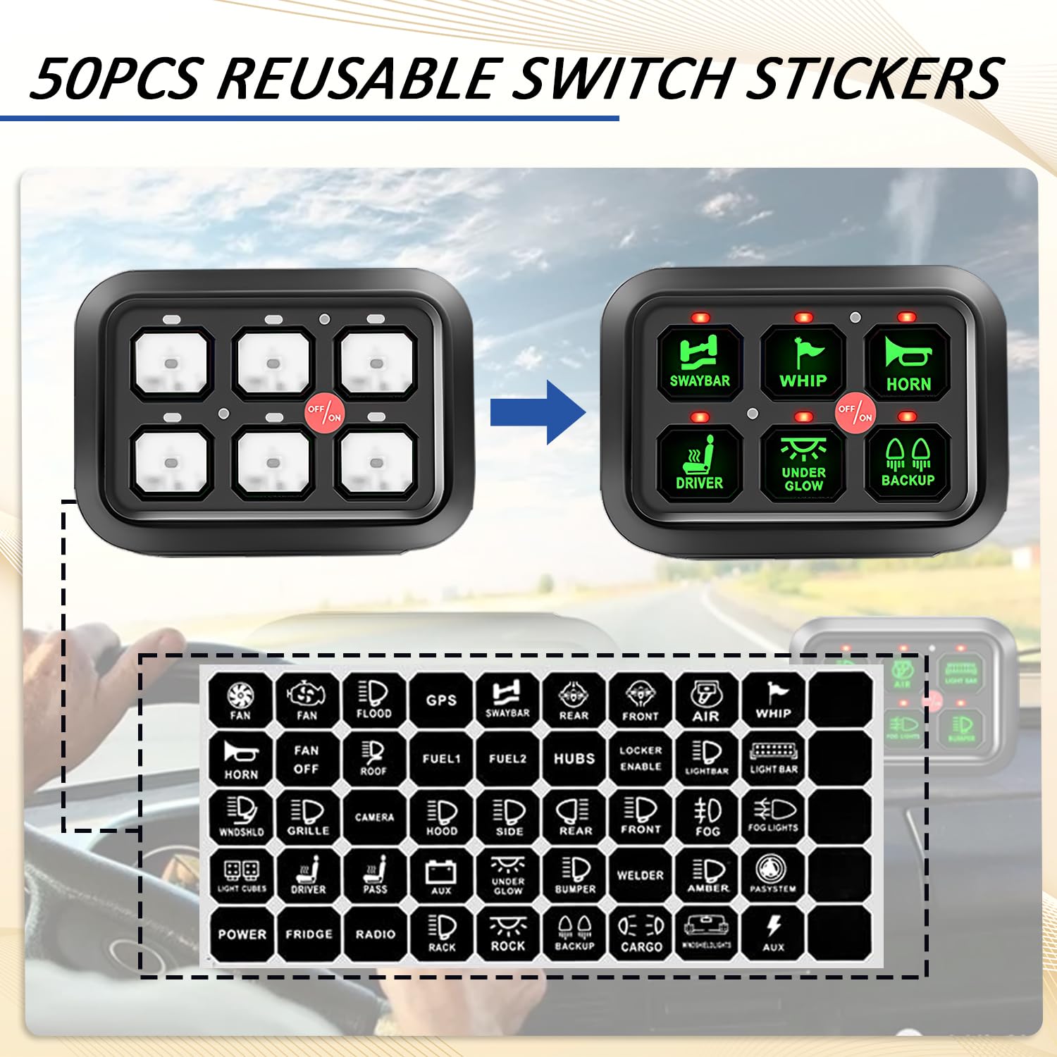 Avenemark 6 Gang Switch Panel - Universal Circuit Control Relay System with Fuse & Wiring Harness - Dimmable ON/OFF LED Switch Pod for Cars, Trucks, Boats, ATV, UTV, SUV - Perfect for Off-Roading, Marine & Vehicle Customization
