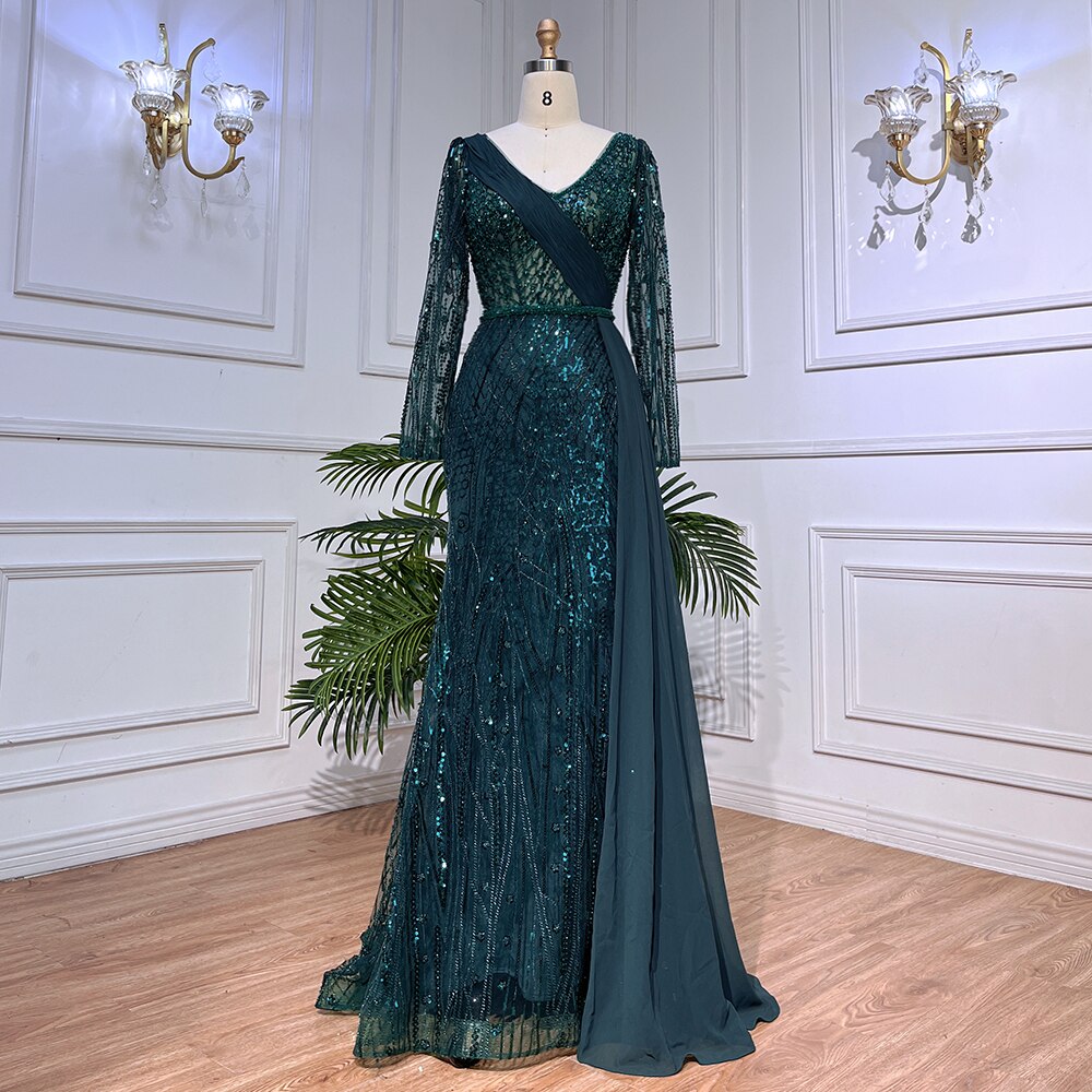 Luxury Beaded Evening Gowns for Women 2025 - Mint Dubai Muslim Mermaid Dress with Puff Sleeves & Overskirt - Perfect for Weddings, Parties & Special Occasions