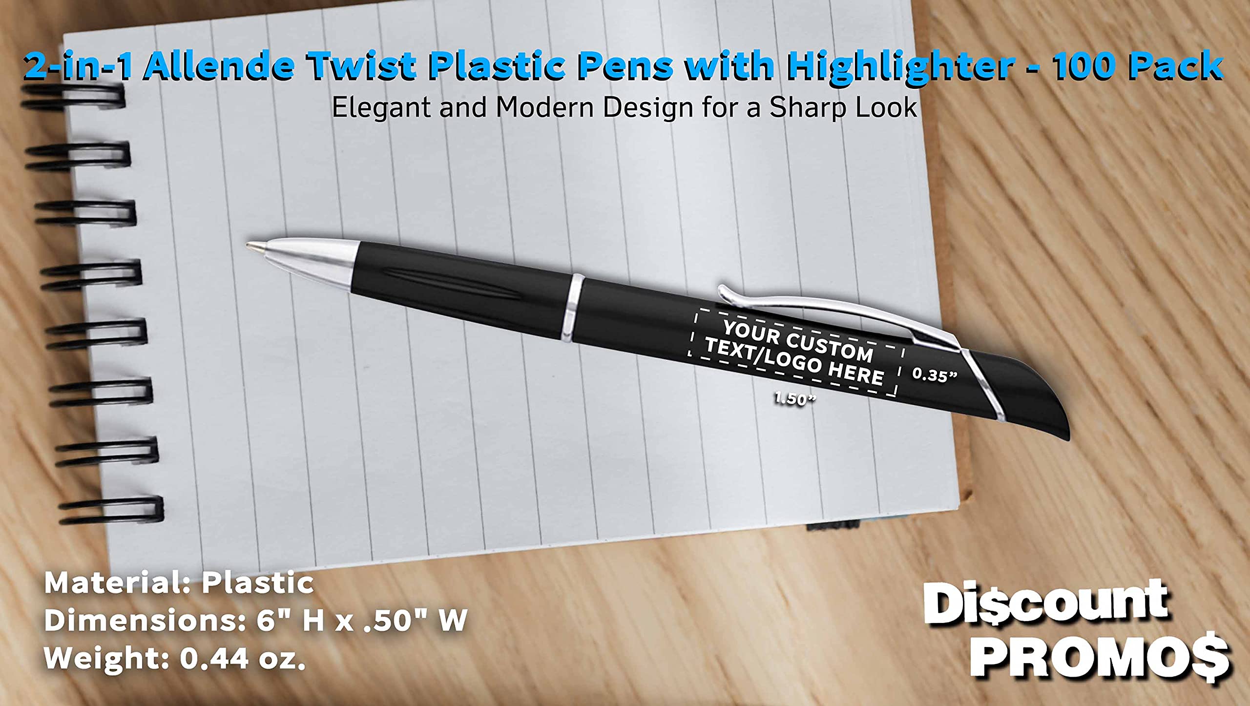 100 Pack Allende Twist Plastic Pens with Highlighter - Custom Text & Logo Printing - Durable Black Ink Ballpoint Pens for Office, School & Business Promotions - Bulk Promotional Pens for Corporate Gifts & Events