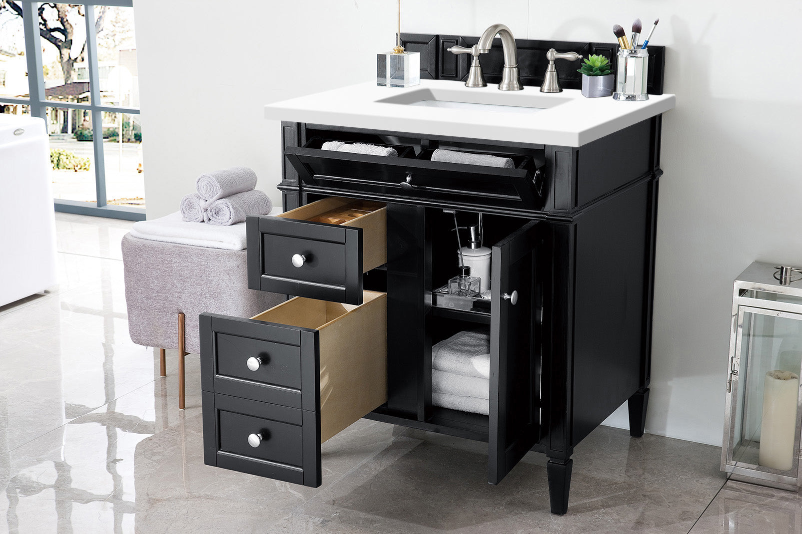Brittany 30-Inch Single Bathroom Vanity in Black Onyx with 3CM White Zeus Quartz Countertop - Perfect for Modern Master Bathrooms & Powder Rooms