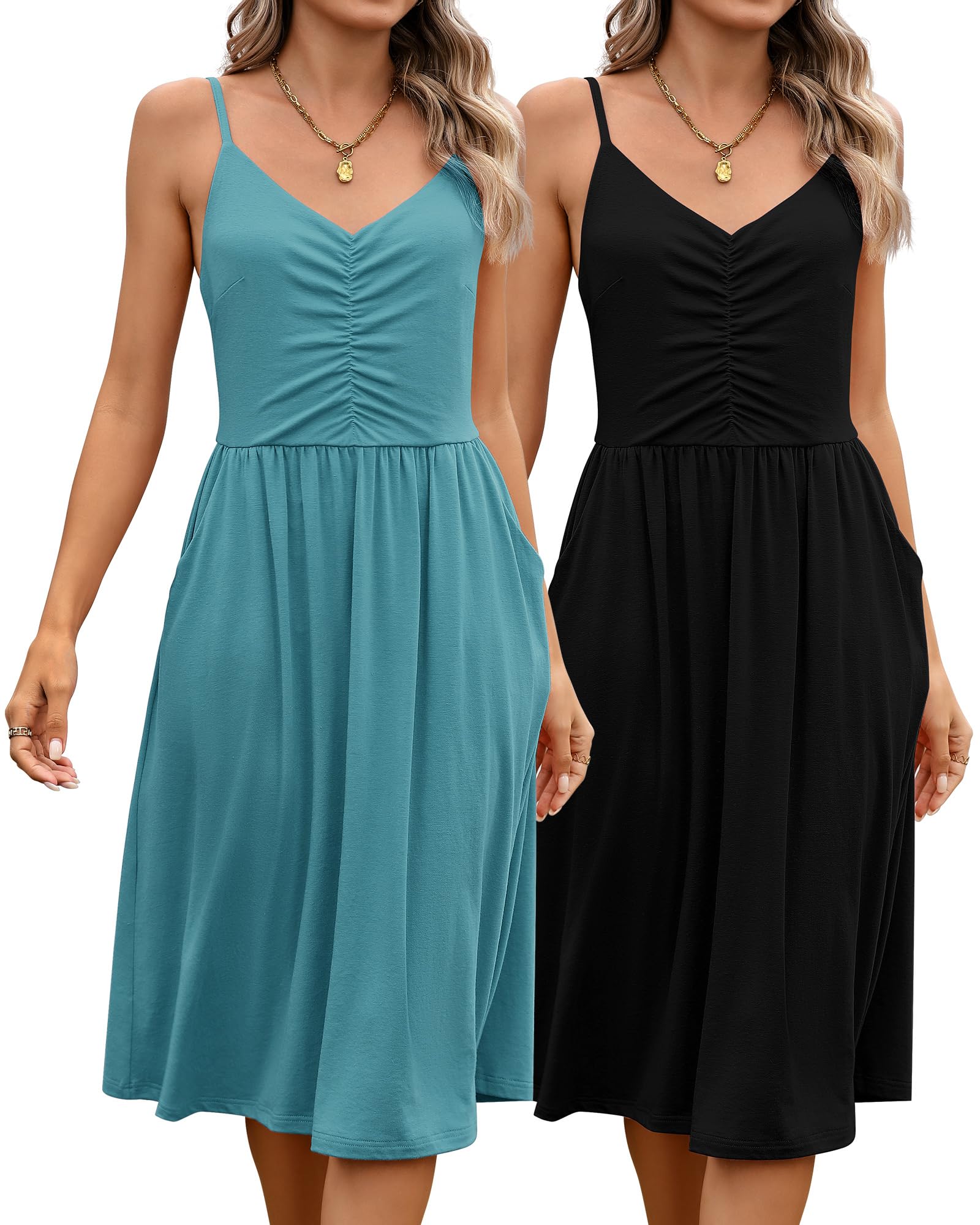 2 Pack Women's Spaghetti Strap Summer Dresses - Casual Pleated Sundress with Pockets, Flowy Swing Camisole for Beach, Vacation, and Everyday Wear