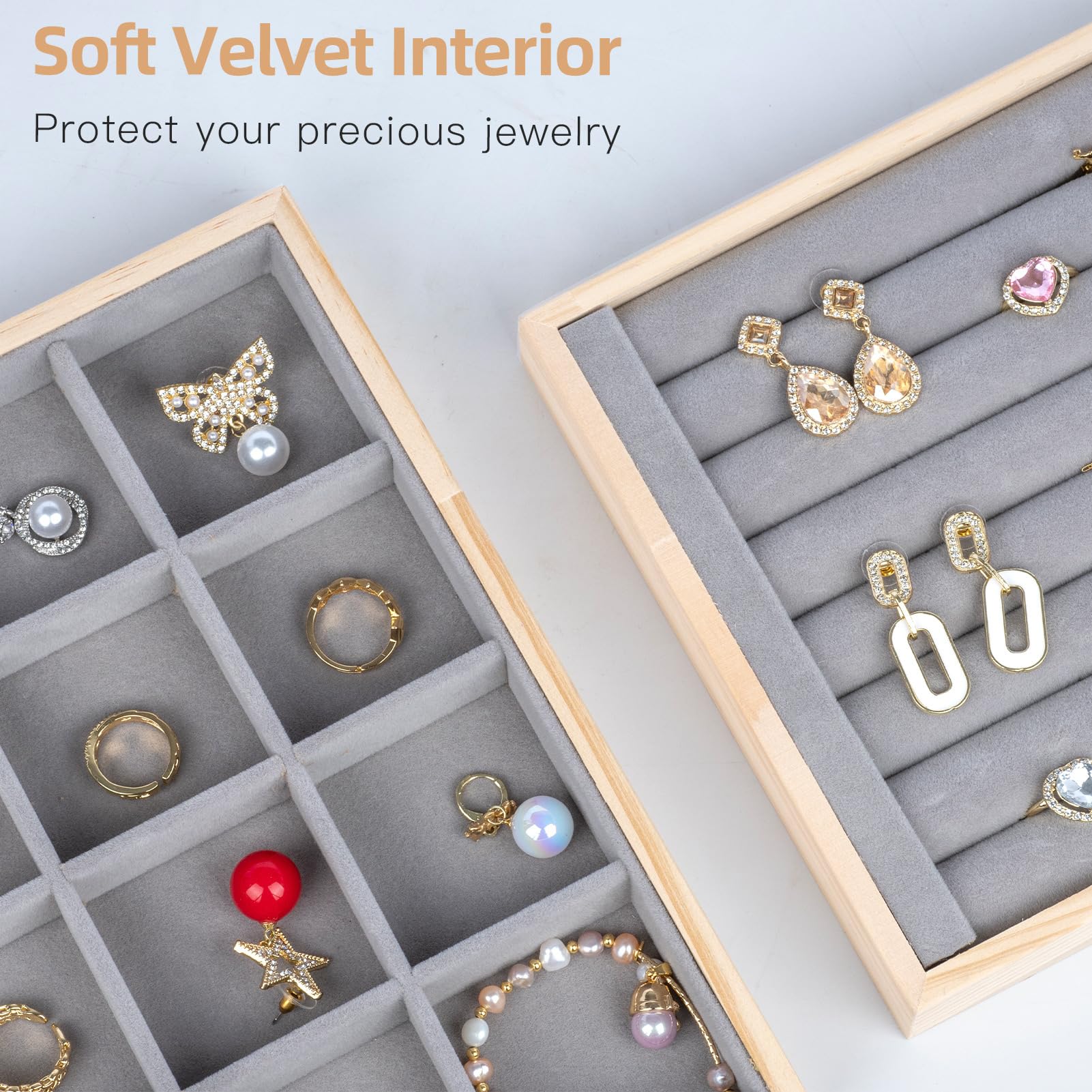 Stackable Wooden Jewelry Tray Organizer Set of 4 - Drawer Inserts Jewelry Storage Box with Removable Dividers for Earrings, Necklaces, Rings & Bracelets - Perfect for Bedroom Vanity, Closet Organization & Travel Jewelry Case (Grey)