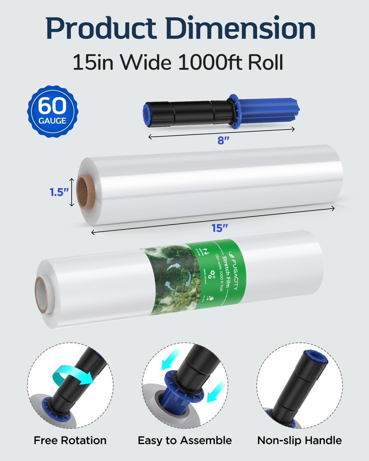 FugaCity Heavy Duty Stretch Wrap Film - 15 Inch x 1000 FT, 60 Gauge Clear Plastic Shrink Wrap for Furniture, Shipping & Moving Supplies | Industrial Strength with 500% Stretch (4 Rolls with Handles) | Perfect for Home Moving, Warehouse Packaging & Pallet Stabilization