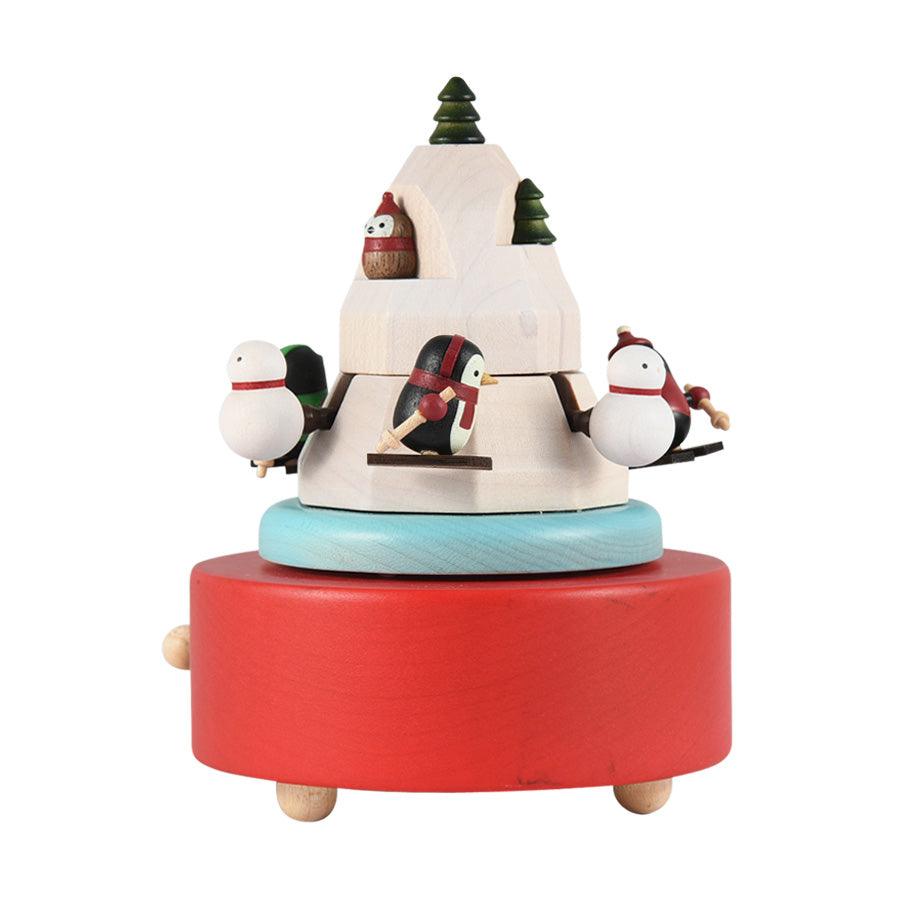 WOODERFUL LIFE Music Go Round Christmas Penguin Skiing Wooden Musical Carousel - Perfect Holiday Home Decor & Gift for Christmas, Winter, and Festive Celebrations
