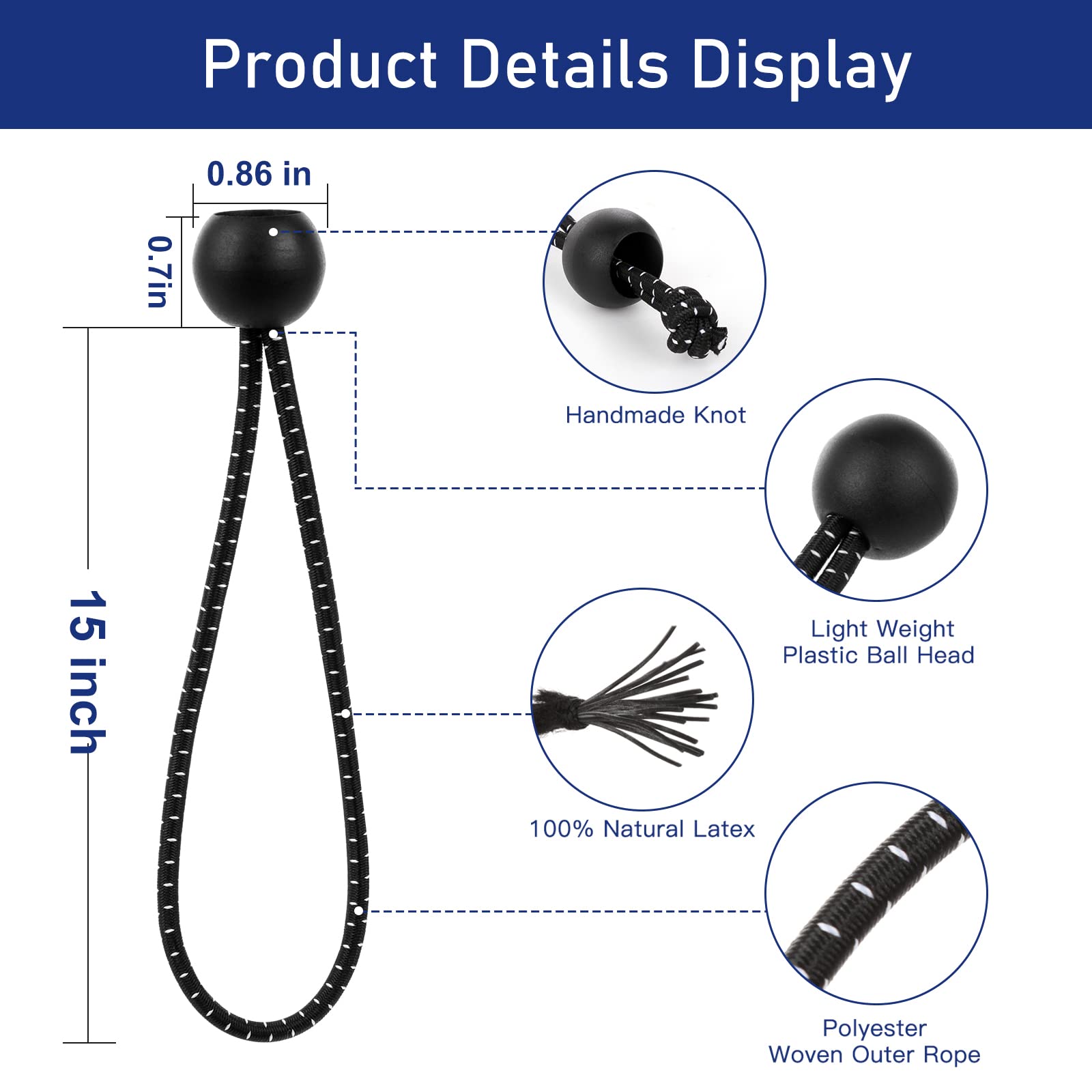 50 PCS 15 Inch Heavy Duty Bungee Balls with UV Resistance - Elastic Bungee Cords for Camping, Shelter, Cargo, Tent Poles, Canopy & Tarp Tie Downs - Perfect for Outdoor Gear Organization and Securing Equipment