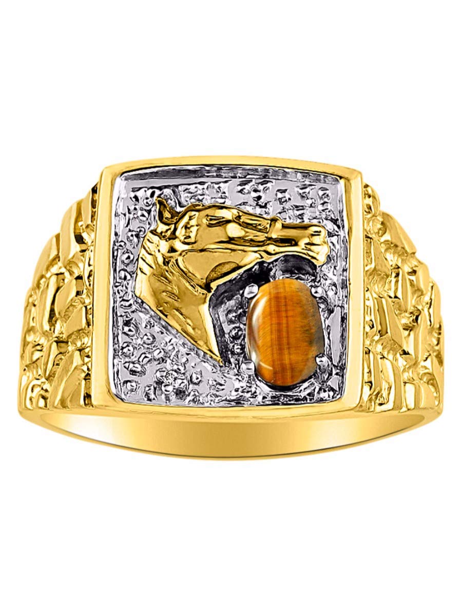 Men's Yellow Gold Plated Silver Ring with 6X4MM Tiger Eye Gemstone & Diamond - Lucky Nugget Horse Head Design - November Birthstone Jewelry for Men (Sizes 8-13) | Perfect Gift for Birthday, Anniversary & Special Occasions