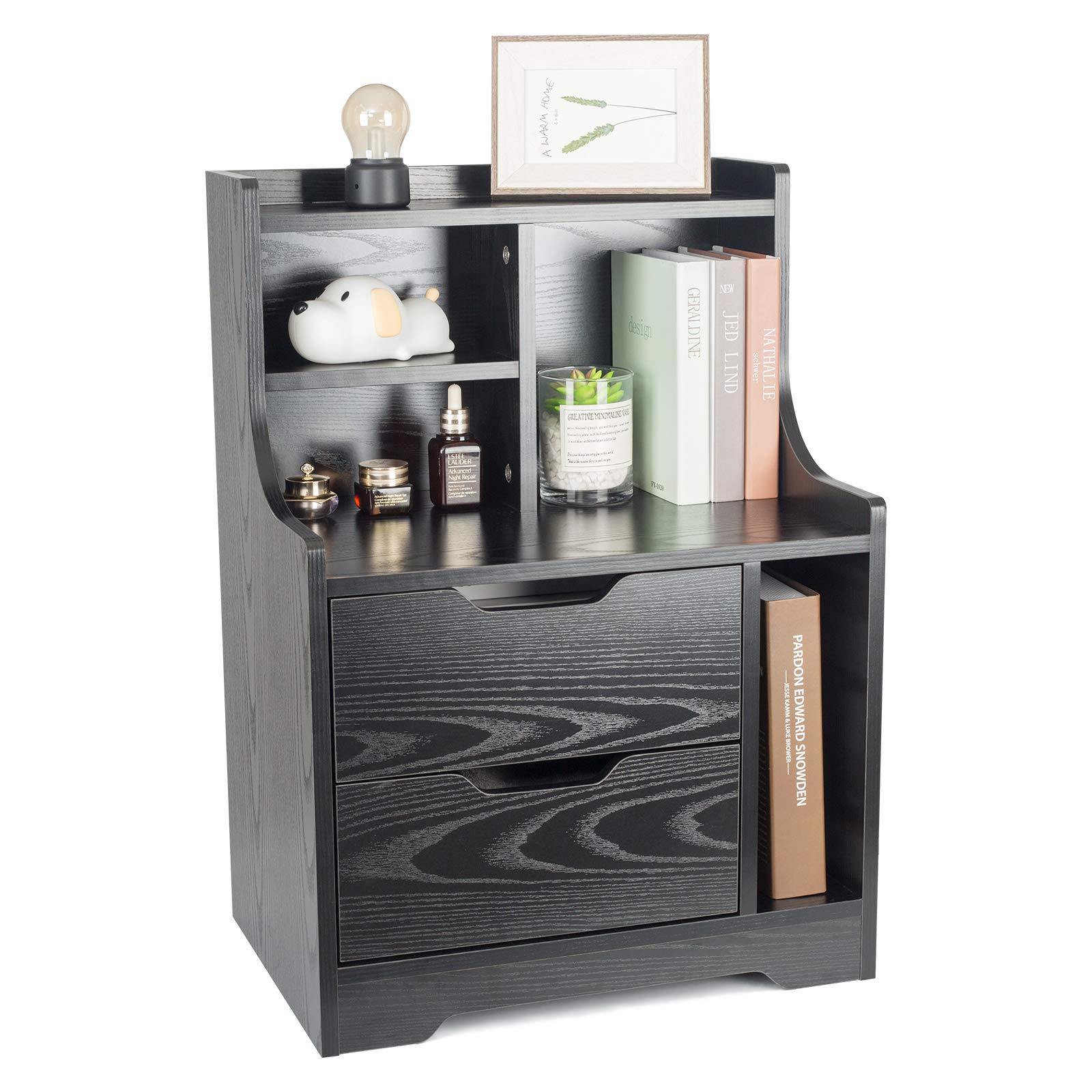 ARTETHYS Wooden Nightstand with Shelves and Drawers - Modern End Table for Bedroom & Living Room, Easy to Clean, Sturdy Side Table (Black) - Perfect for Small Spaces, Apartment Decor & Guest Room Furniture