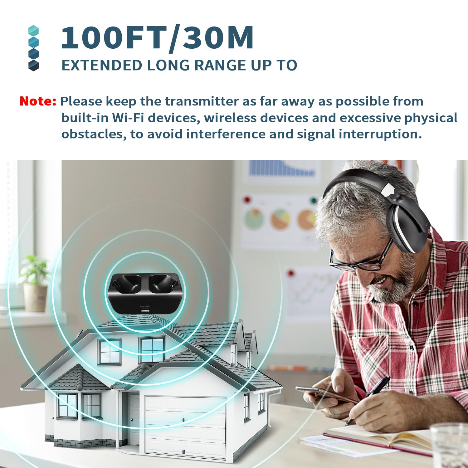 2.4GHz Wireless TV Headphones with 100ft Range - Over-Ear Stereo Headphones for Seniors & TV Watching - Rechargeable with Charging Dock (Black) - Perfect for Late Night Viewing Without Disturbing Others