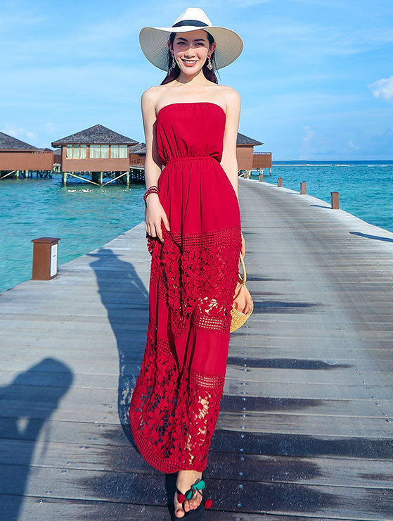 Red Broderie Bandeau Maxi Beach Dress - Floral Embroidered Summer Cover Up for Women | Perfect for Vacations, Pool Parties & Tropical Getaways