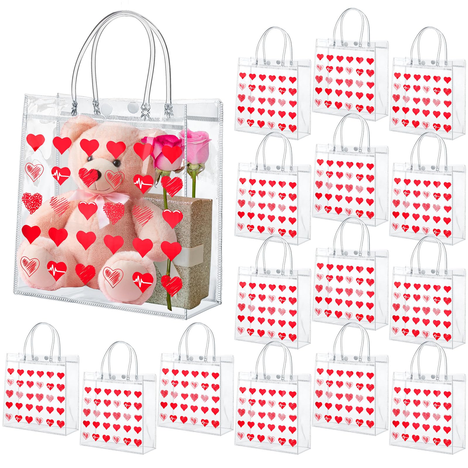 Uiifan 24-Pack Clear PVC Valentine's Day Gift Bags with Handles - Transparent Heart Print Reusable Tote Bags for Valentine's, Galentine's Day Gifts & Party Favors - Perfect for Candy, Jewelry & Small Present Wrapping