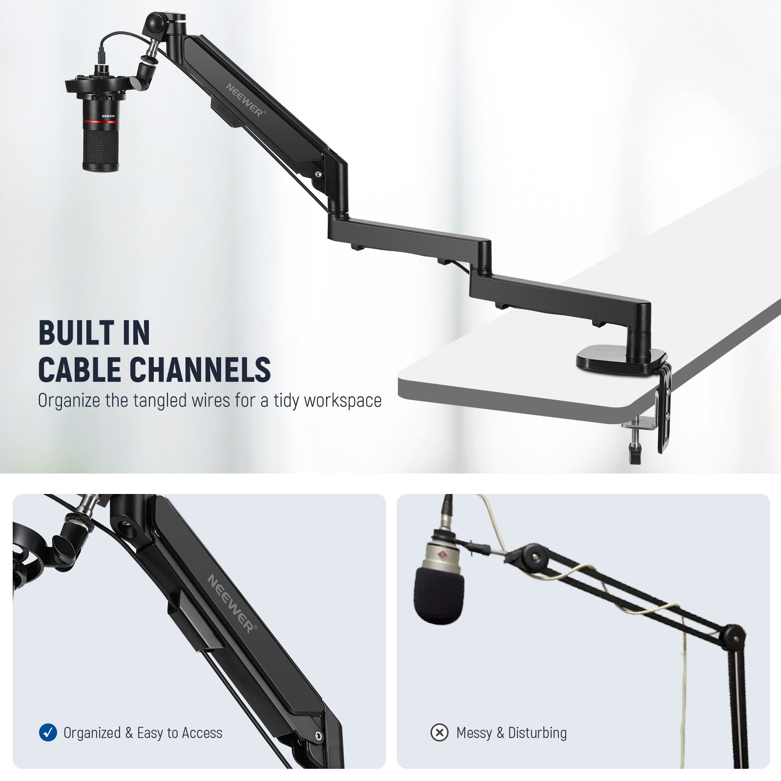 NEEWER MS002 Low Profile Microphone Arm Desk Mount - Adjustable Boom Stand for Podcasting, Streaming & Recording Studios