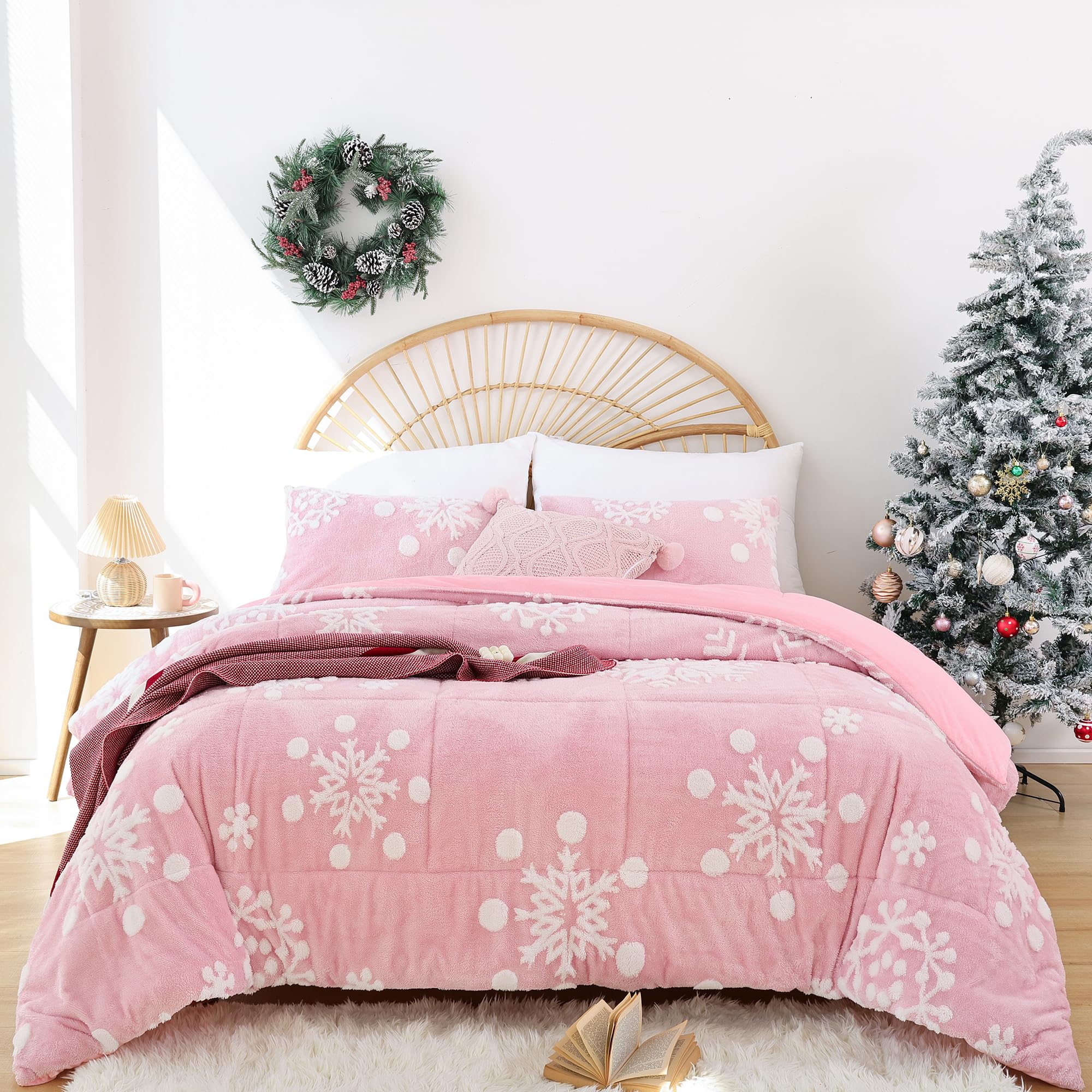 JANZAA Pink Velvet Christmas Comforter Set Queen Size - 3 Piece Soft Fluffy Bedding with 3D White Snowflake Design for Holiday Decor & Cozy Winter Nights