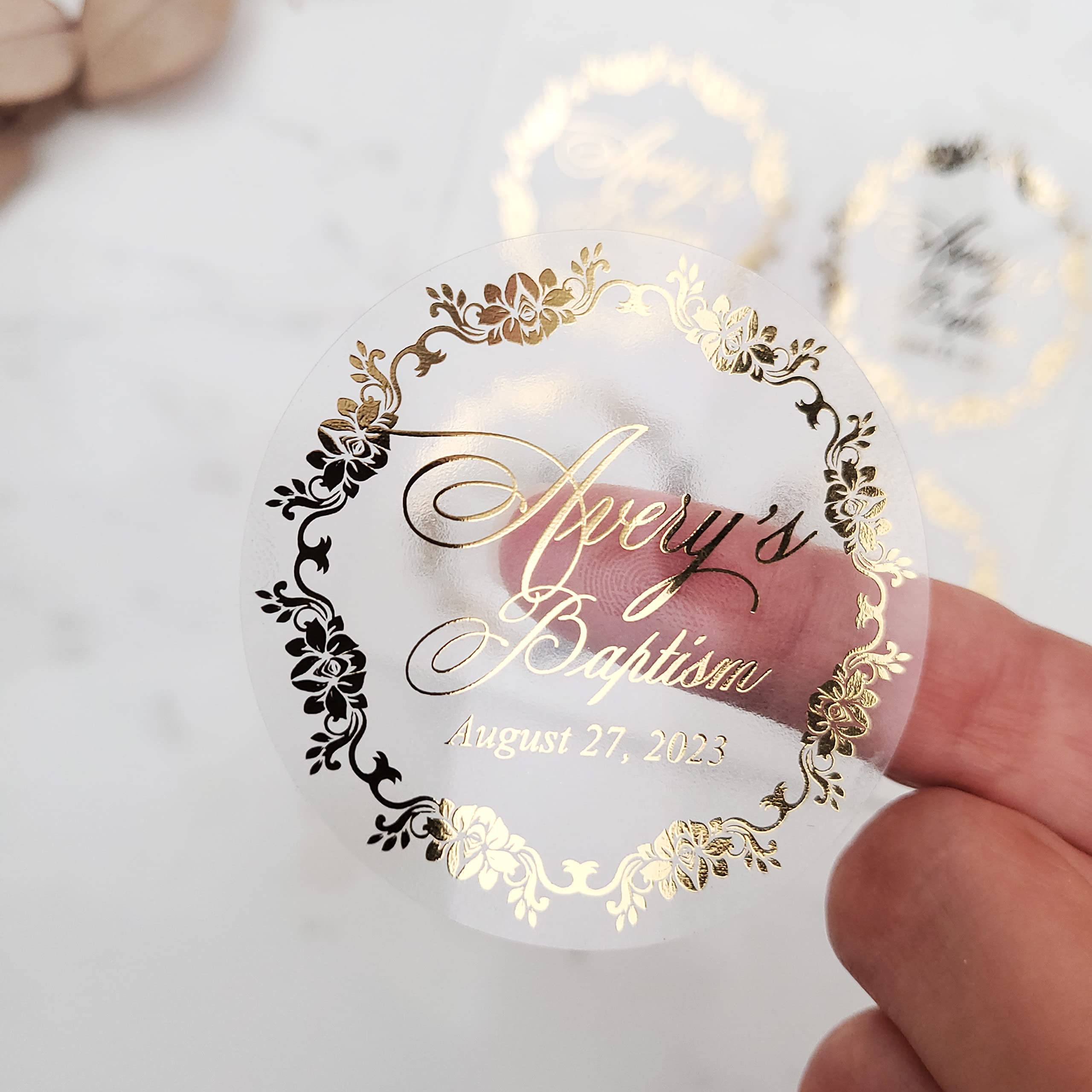 Custom Gold Foil Baptism Stickers - Personalized Christening Labels for Favors, Gifts, Candles & Bottles (2