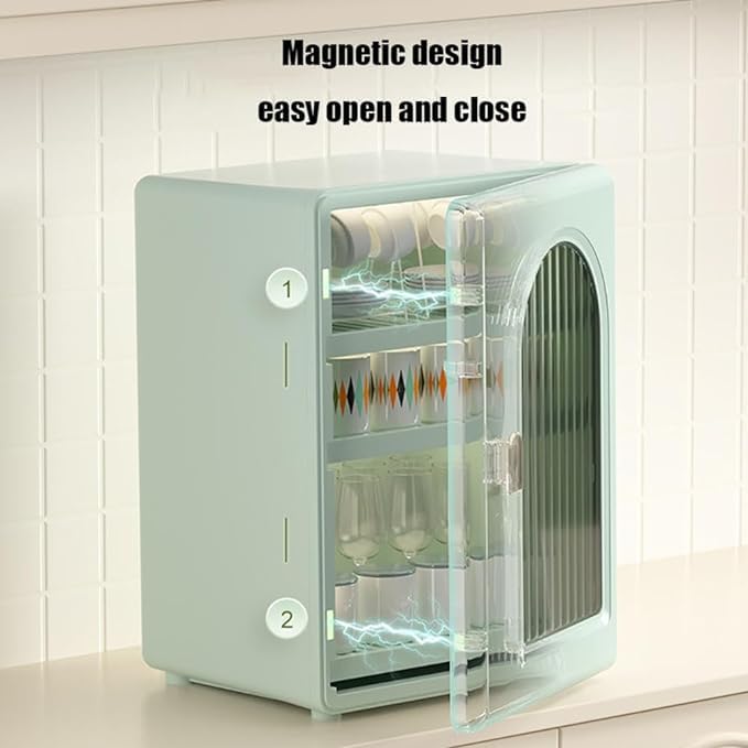 3-Tier Adjustable Plastic Cup Organizer with Door - Kitchen Countertop Storage Cabinet for Mugs, Plates & Cutlery Display - Perfect for Tea Cups, Coffee Mugs & Kitchenware Organization in Small Spaces