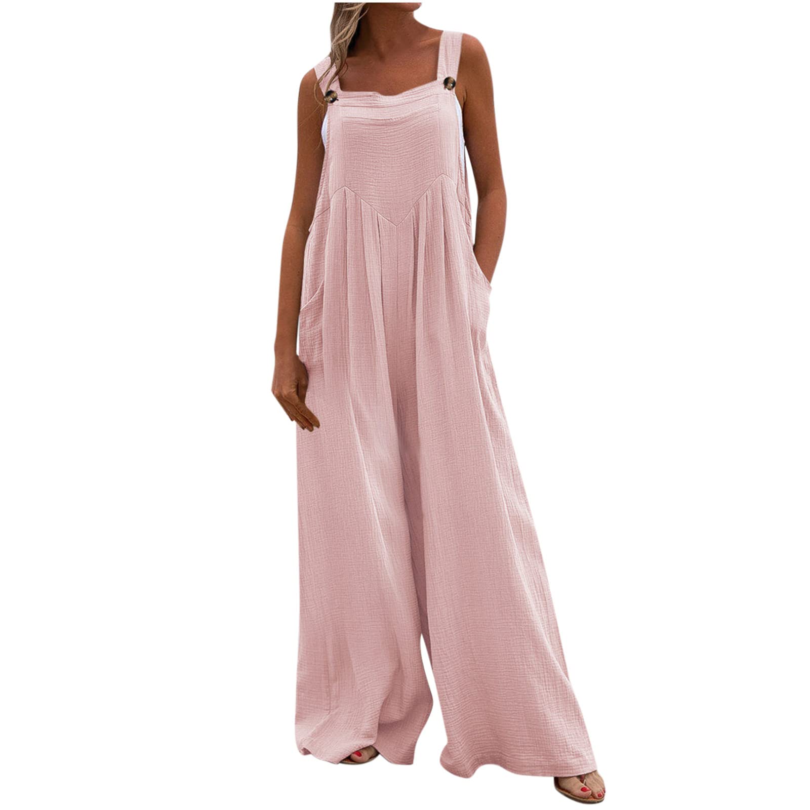 Plus Size Wide Leg Jumpsuits for Women - Sleeveless Suspender Overalls with Pockets | Button Front Baggy Long Romper | Casual Summer Outfit, Beach Wear & Street Style Fashion