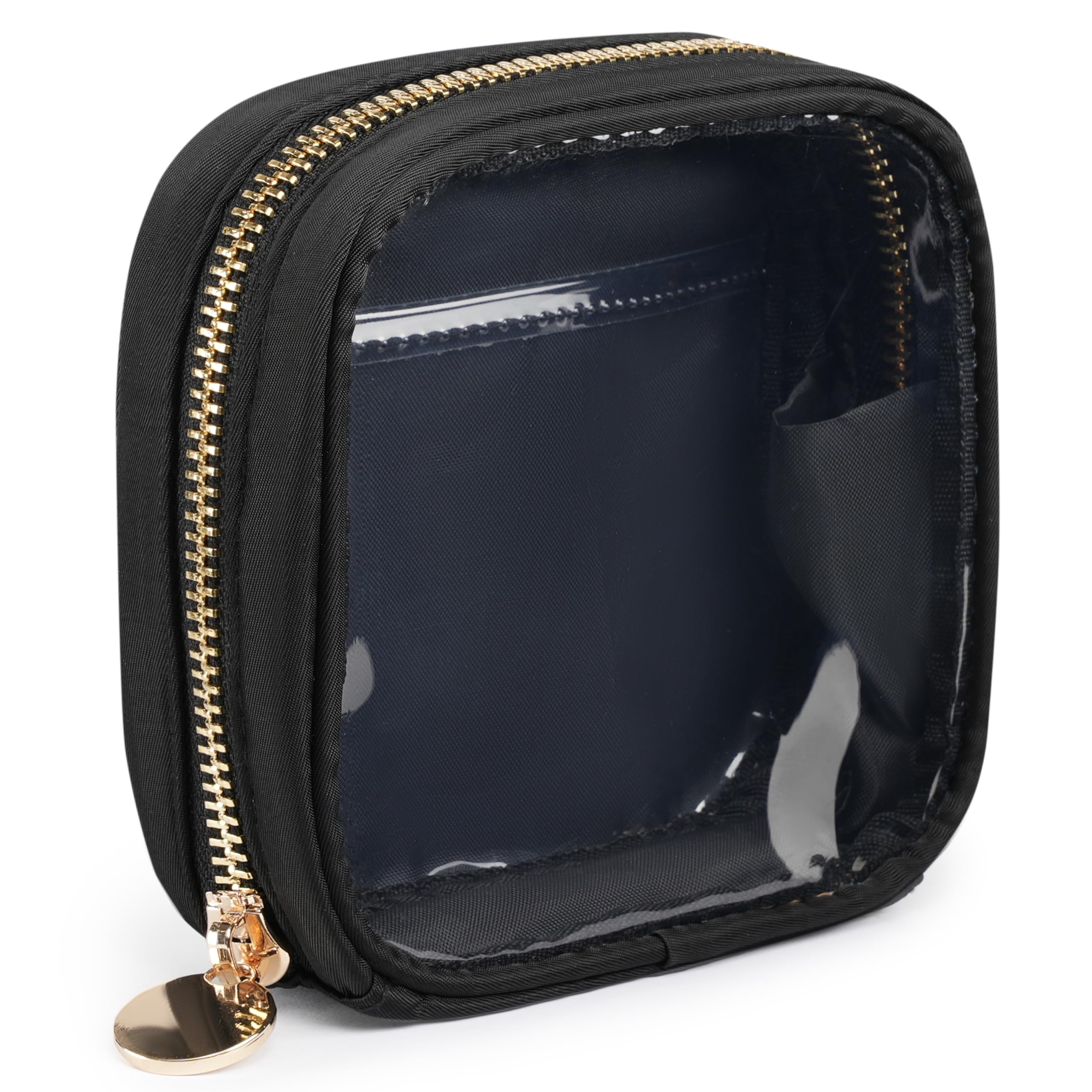 Clear Cosmetic Bag Mini Makeup Pouch - Transparent Toiletry Travel Organizer with Interior Pocket & Carabiner Clip - Small Waterproof Makeup Case for Travel, Gym, Beach Essentials (Mini, Black)