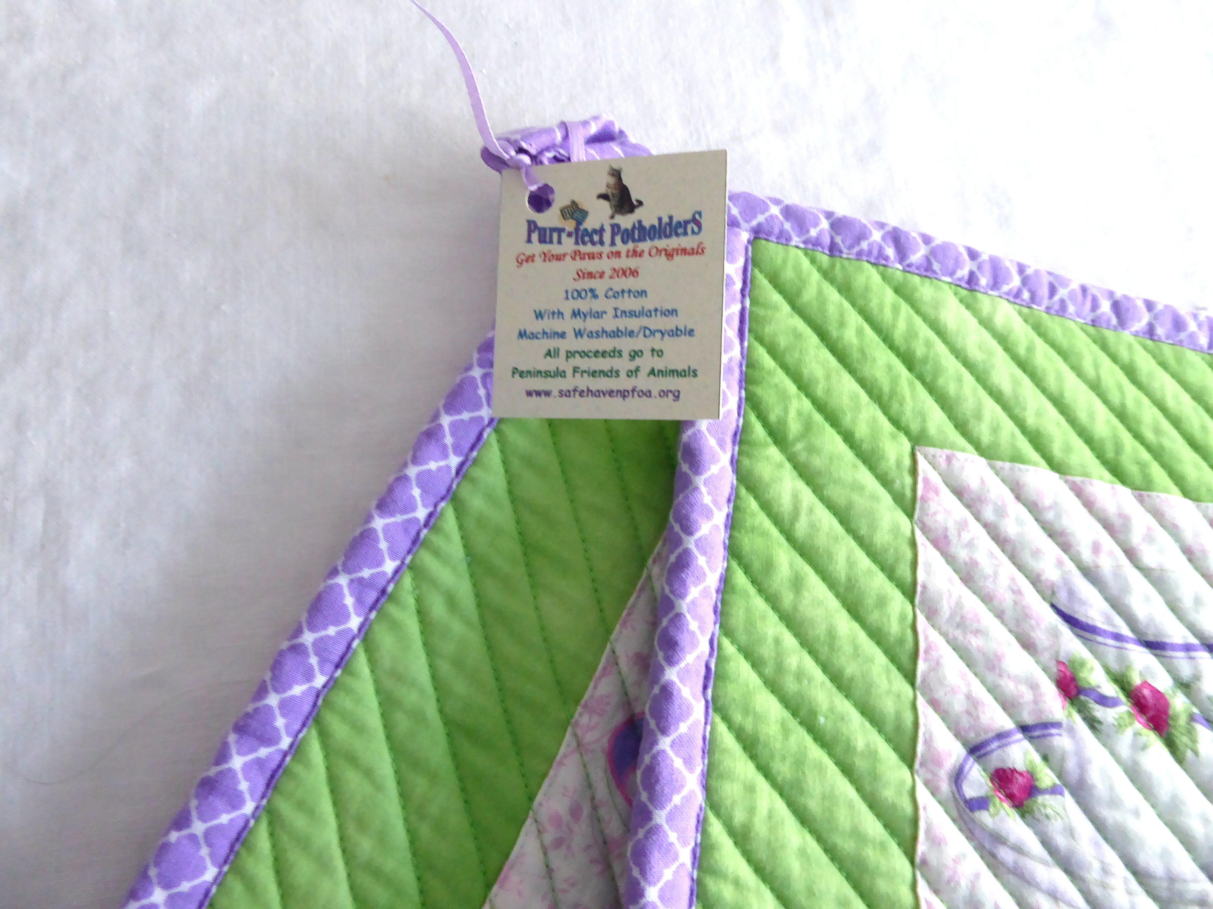 Handmade Purple and Green Teacup Themed Potholders Set of 2 - Heat Resistant Kitchen Accessories for Baking, Cooking & Home Decor - Supports Animal Charity