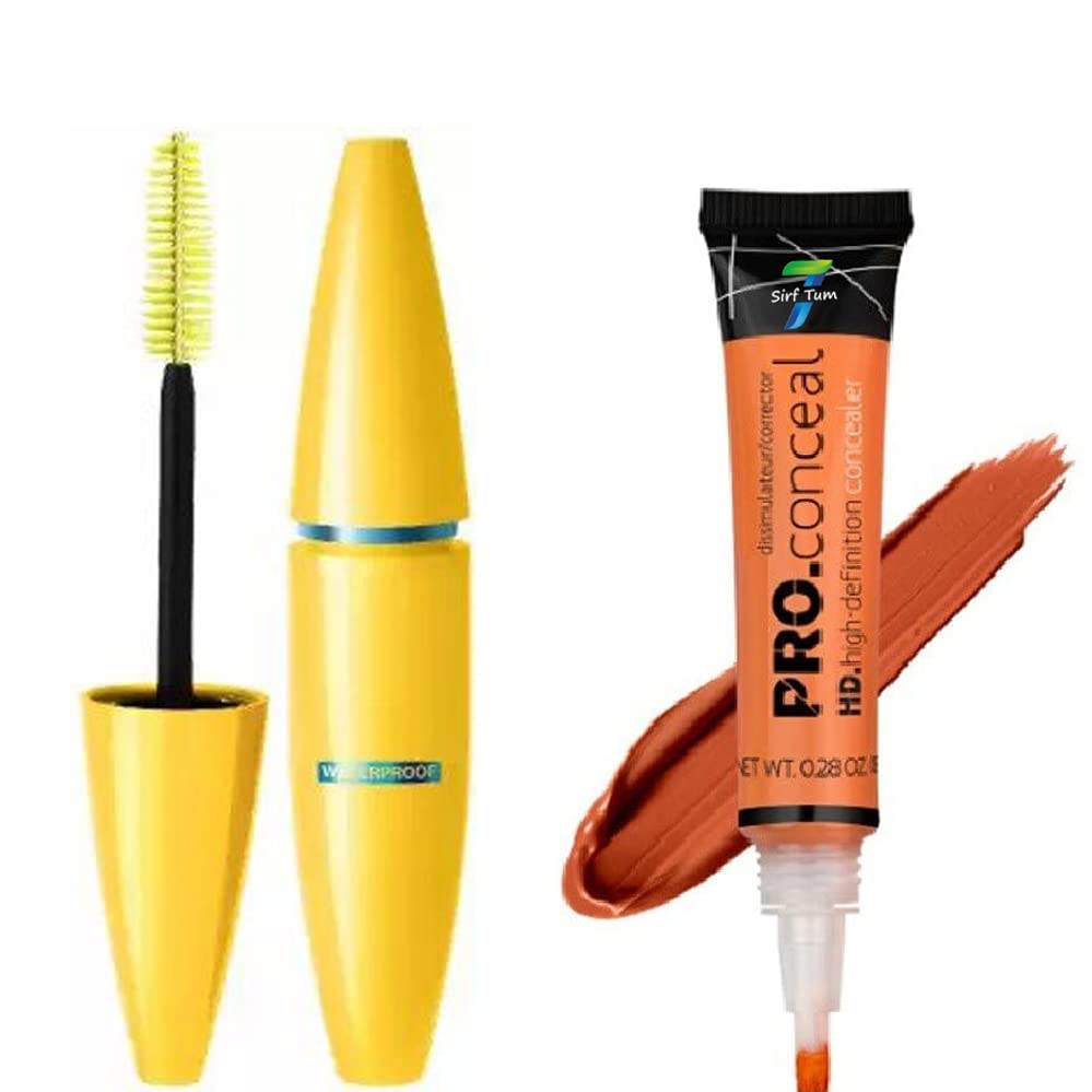 Waterproof Natural Look Skin Mascara (Black) & HD Pro Conceal Orange Color Corrector - Long-Lasting Eyebrow & Under Eye Makeup for Day & Night Wear
