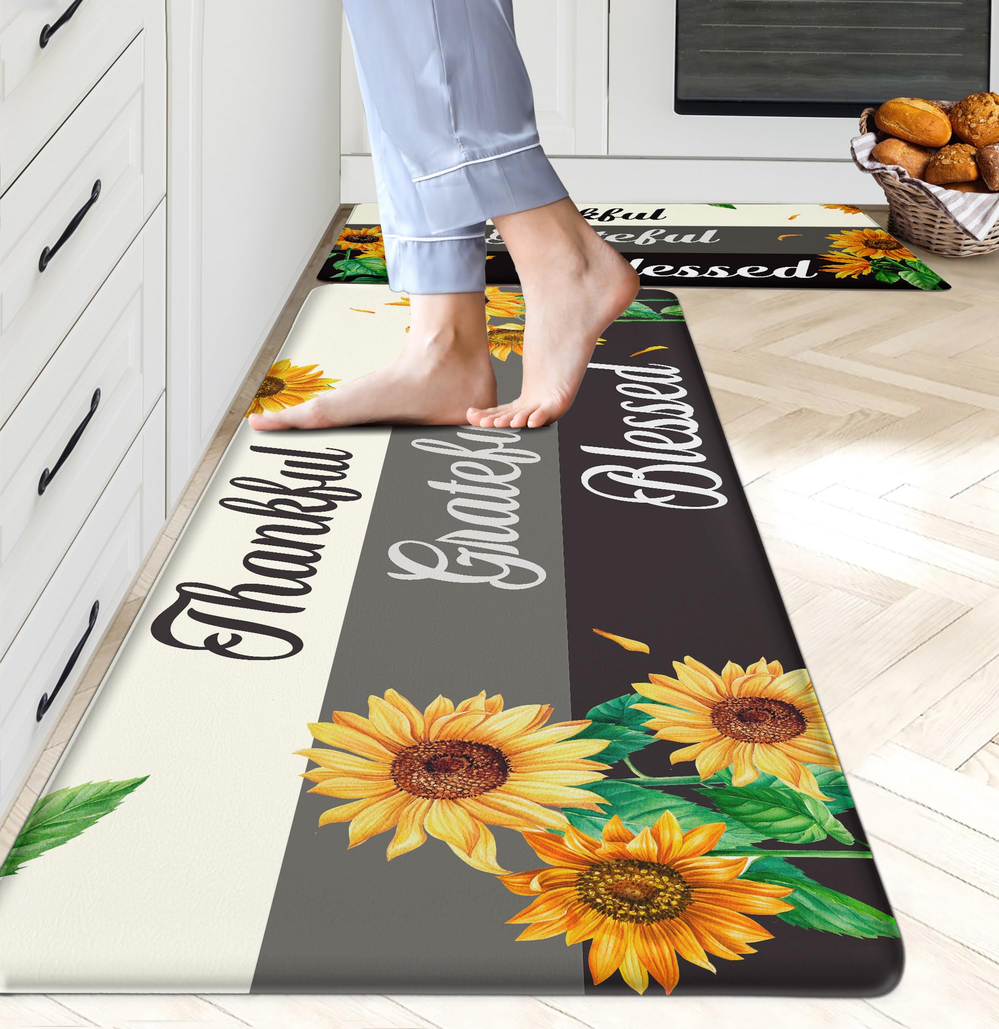 Sunflower Kitchen Rugs Set of 2 - Non-Slip Cushioned Anti-Fatigue Memory Foam Mats for Home & Office - Waterproof Farmhouse Decor (17.3x28 + 17.3x47 Inch) - Perfect for Sink, Stove & High-Traffic Areas