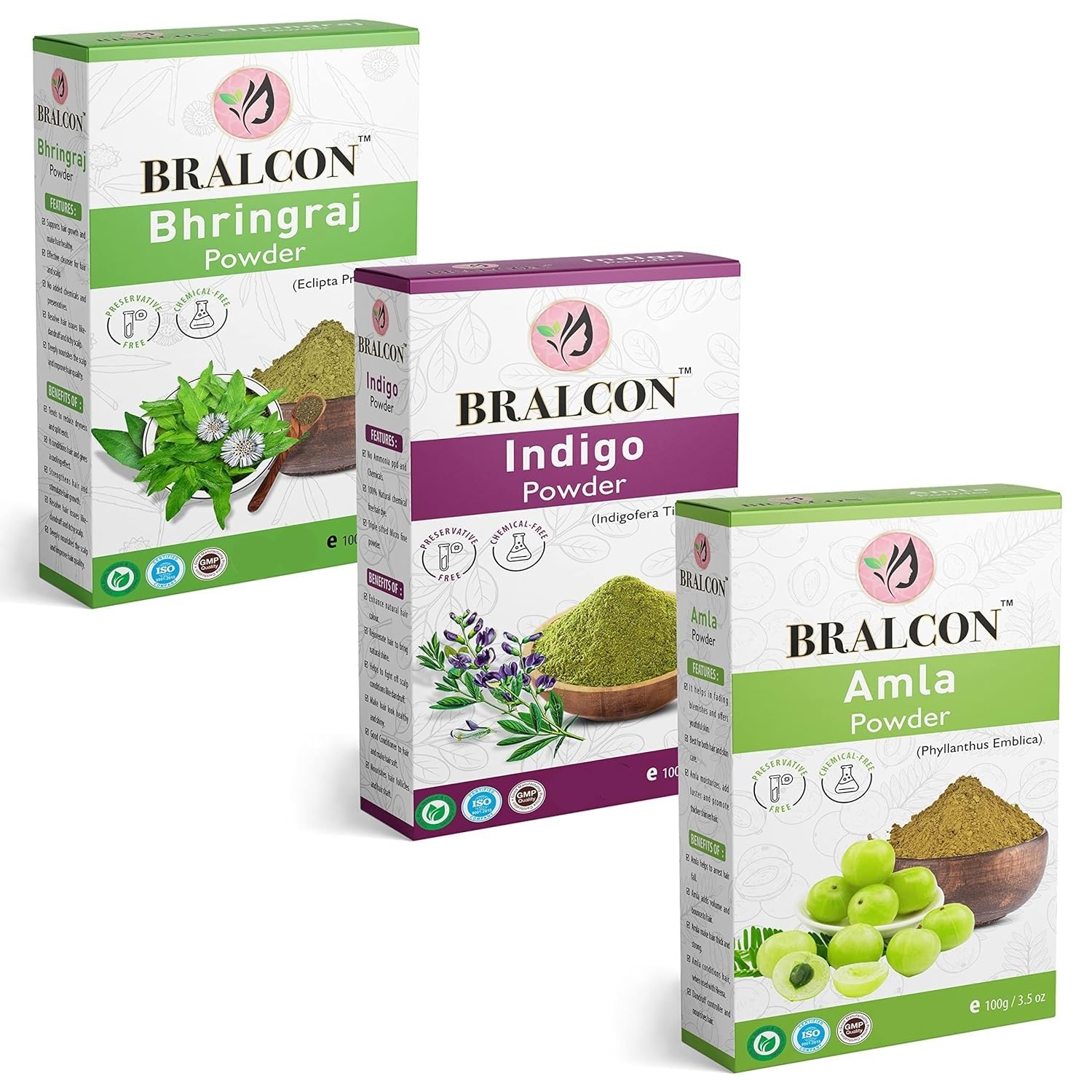 BRALCON Organic Bhringraj, Amla, Indigo Powder Combo - 300g (100g x 3 Pack) | Natural Hair Growth & Skin Care Treatment | Herbal Hair Color for Black & Brown Hair | DIY Ayurvedic Beauty Solution for Shiny Hair & Healthy Scalp