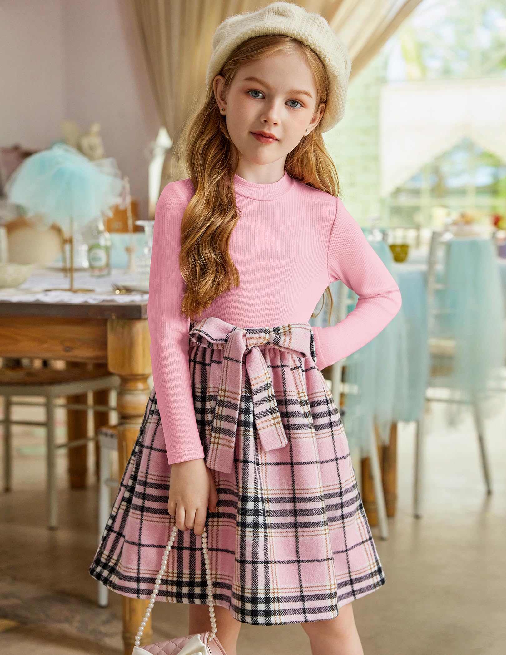 Arshiner Girls Long Sleeve Rib Knit Plaid Patchwork Belted Dress with Pockets | Cute & Comfortable Fall Winter Outfit for School, Party & Holiday Photos