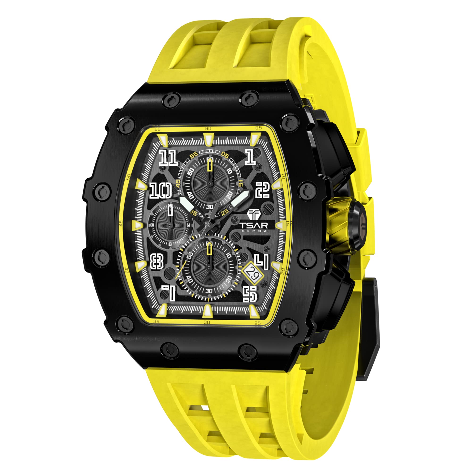 TSAR BOMBA Luxury Men's Watch - Tonneau Sapphire Crystal Japanese Quartz Chronograph with Luminous Hands, 50M Water Resistant Rubber Strap - Perfect for Business, Diving & Gift Giving