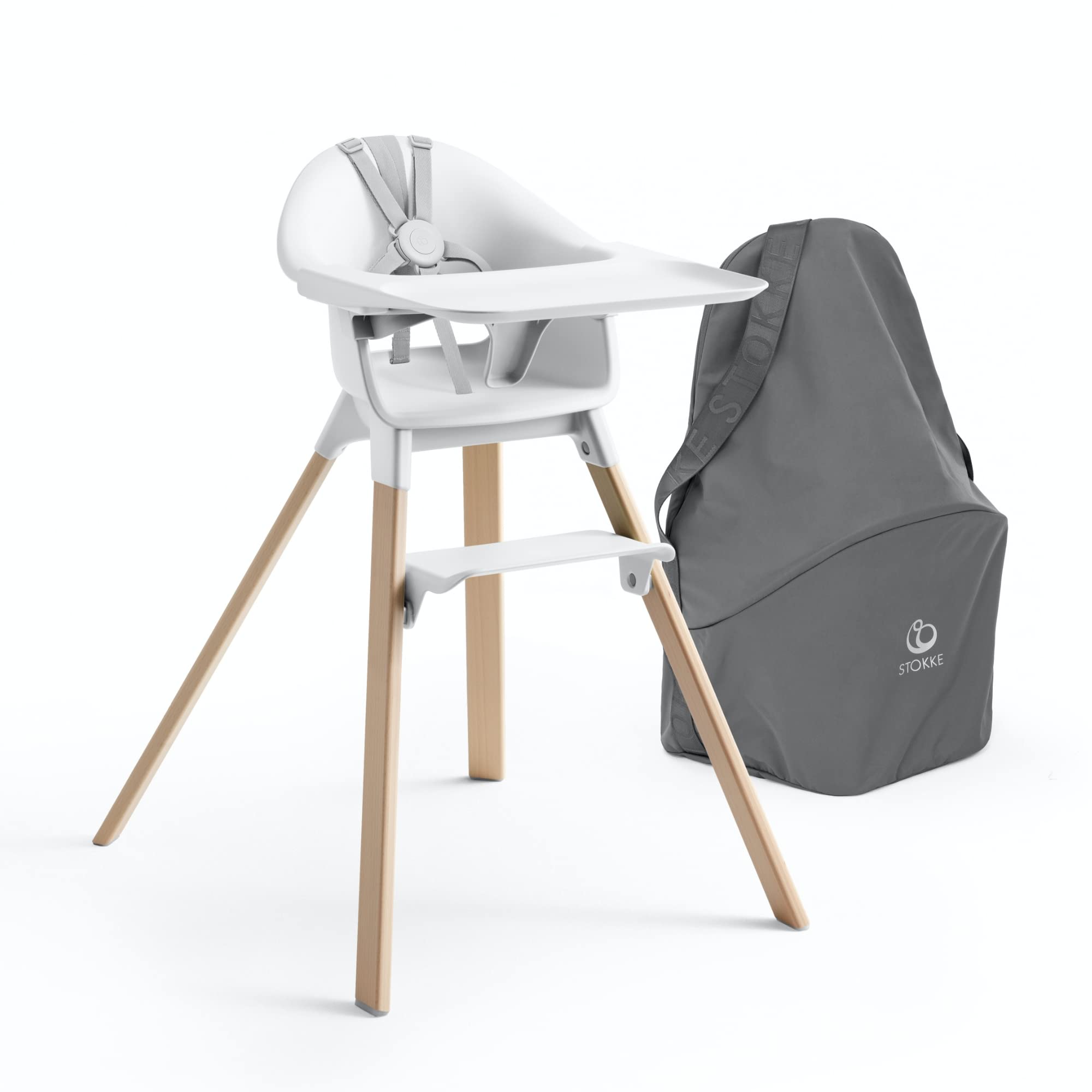 Stokke Clikk High Chair with Tray & Harness - Lightweight Durable Baby Feeding Chair for 6-36 Months (Up to 33 lbs) - Includes Travel Bag - Perfect for Home, Restaurants & Travel - White Chair + Grey Accessories