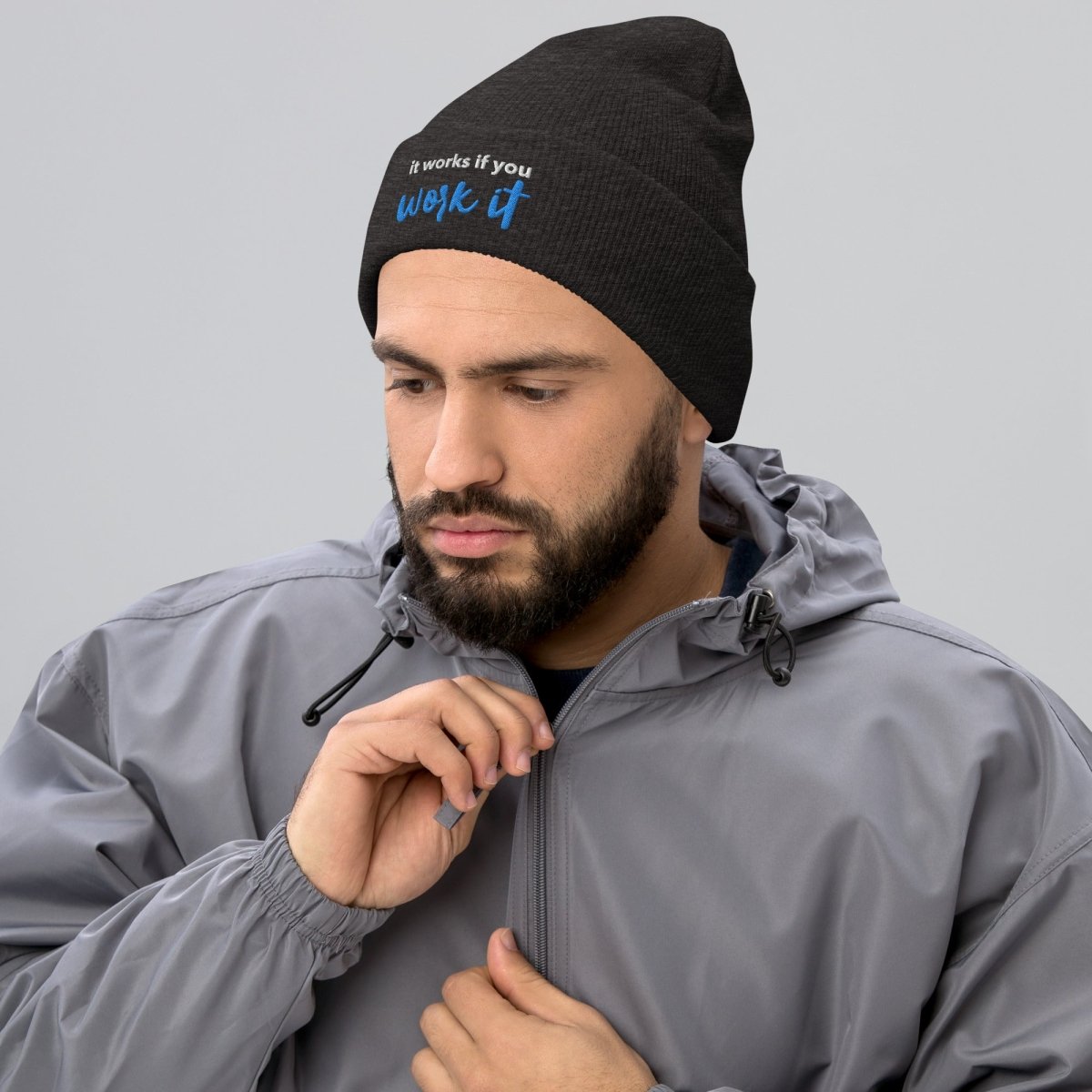 It Works If You Work It Embroidered Beanie - Stylish Winter Hat for Men & Women - Perfect for Outdoor Activities, Workouts, and Casual Wear