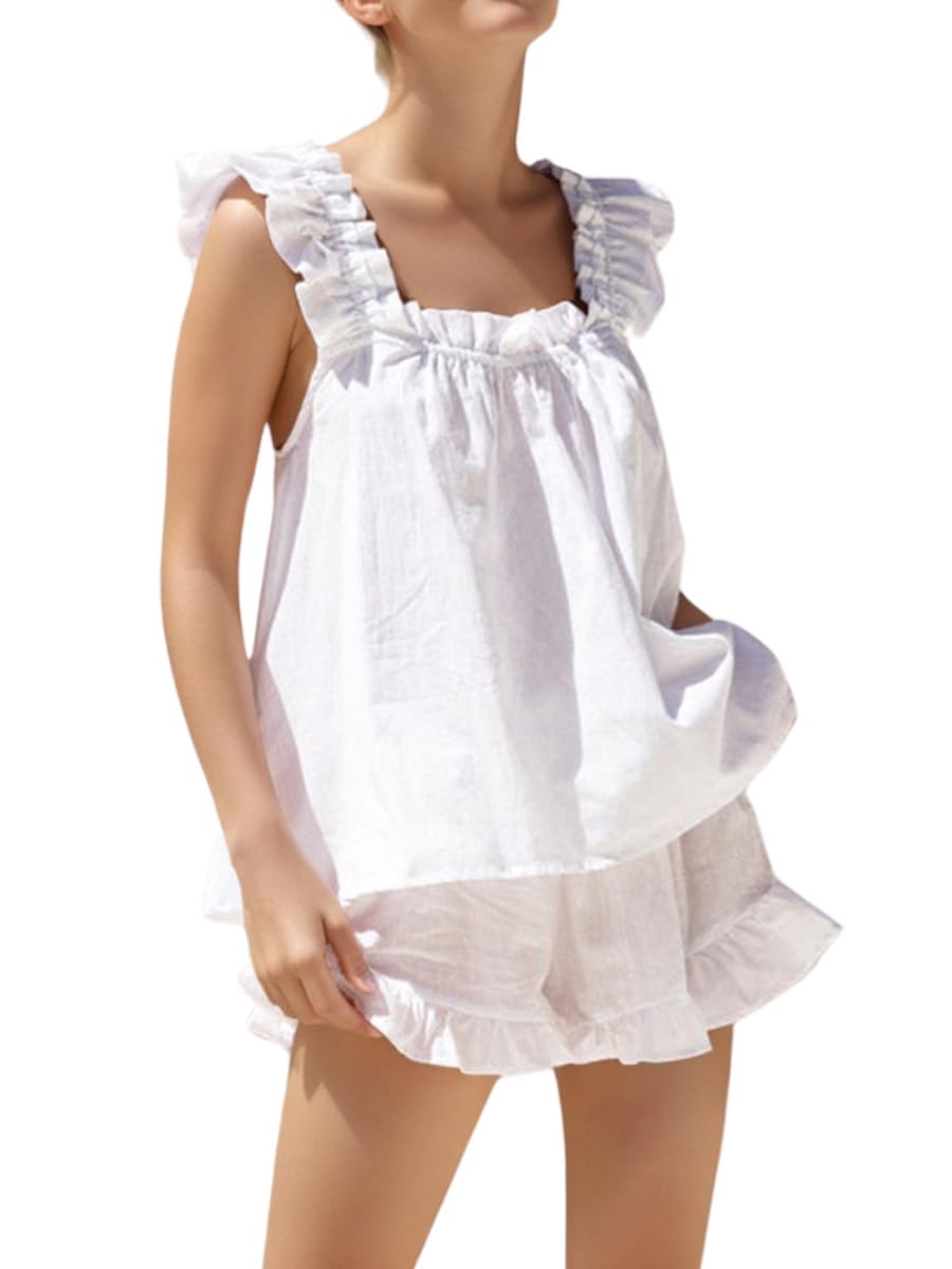 Women's Summer Pajama Set - 2 Piece Cotton Loungewear with Ruffle Trim Top & Shorts - Soft Sleepwear for Nighttime & Relaxing at Home