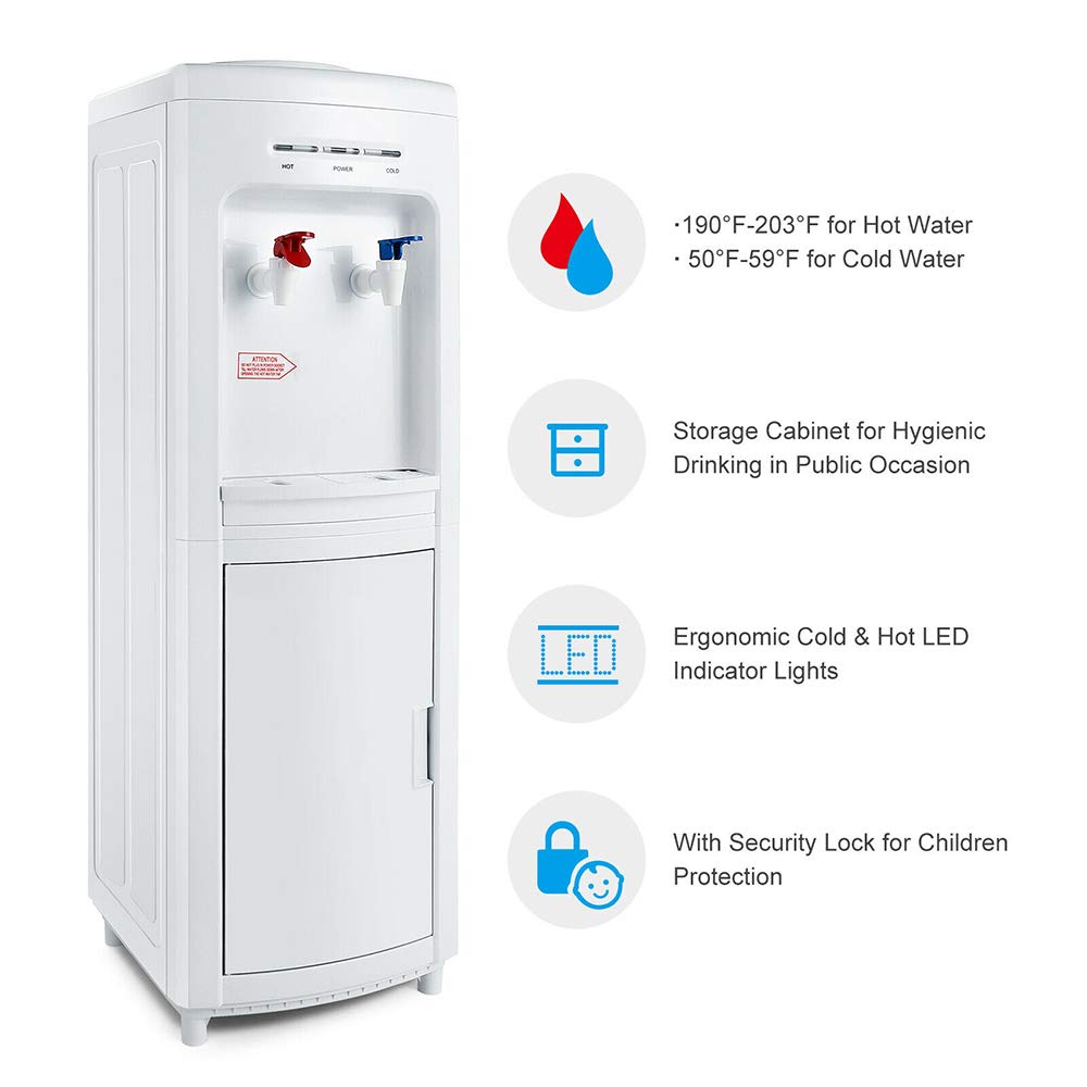White Modern Top Loading 5 Gallon Water Cooler Dispenser with Hot & Cold Settings - Freestanding Electric Countertop for Home & Office - Storage Cabinet, Plastic & Stainless Steel (11.22