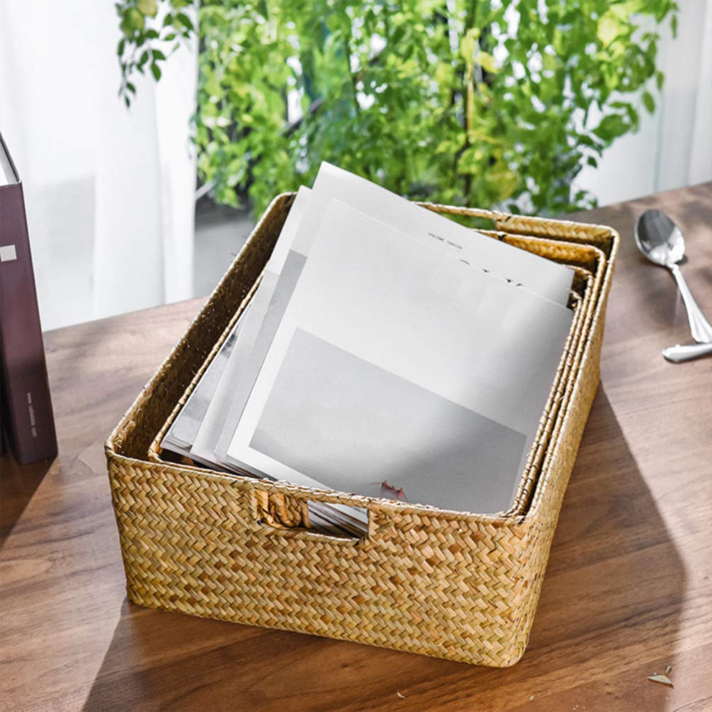 Amosfun Woven Seagrass Storage Basket with Lid - Large & Small Rectangular Organizer for Home, Bathroom, or Office - Handmade Retro Wicker Bin for Sundries, Toys, and Household Items