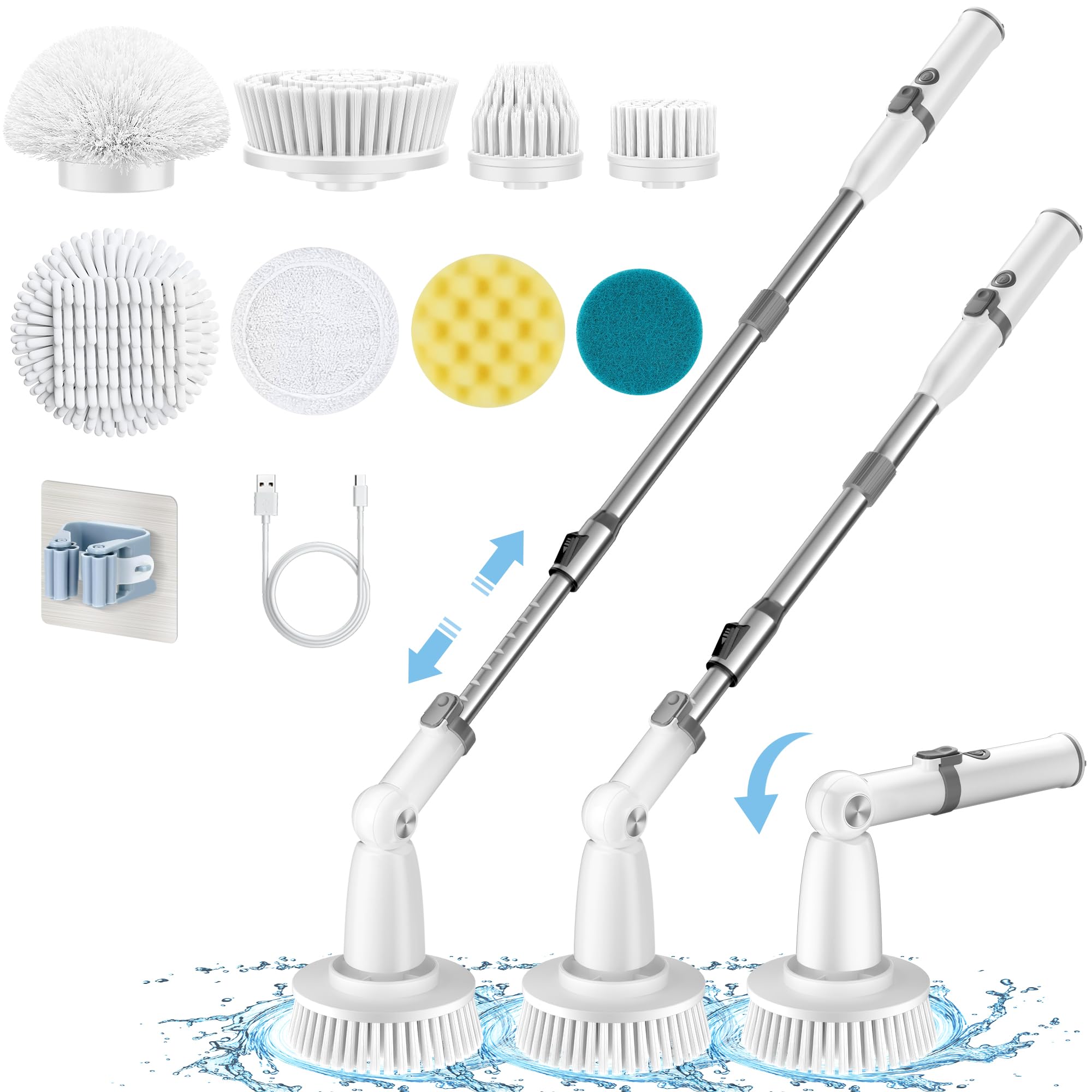 Electric Spin Scrubber Cordless - 8 Replaceable Brush Heads, Dual Speed Shower Cleaning Brush with Extension Arm for Bathroom, Tub, Tile & Floor (Grey & White) - Perfect for Deep Cleaning Showers, Bathtubs, Sinks and Hard-to-Reach Areas