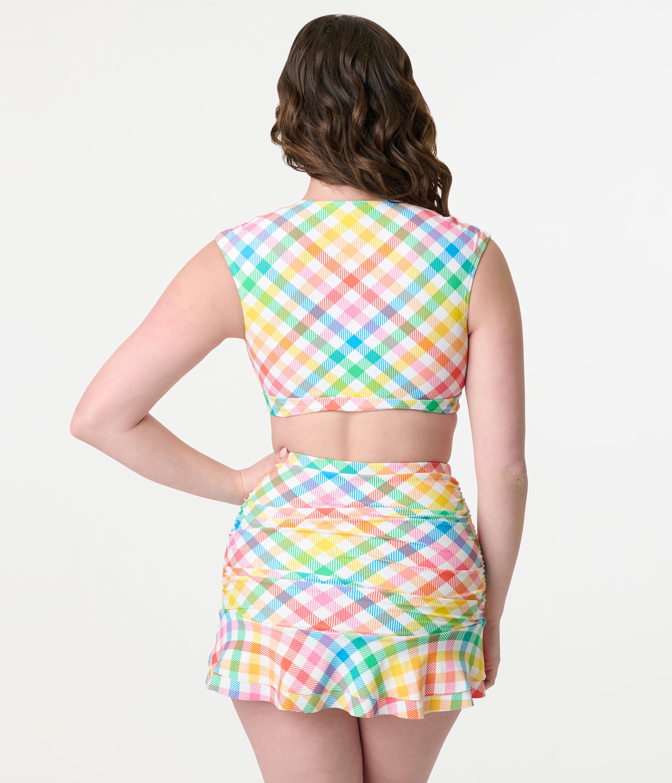 Vintage Rainbow Gingham Swim Top - Retro High Waist Bikini Top for Women - Perfect for Beach, Pool & Summer Vacations