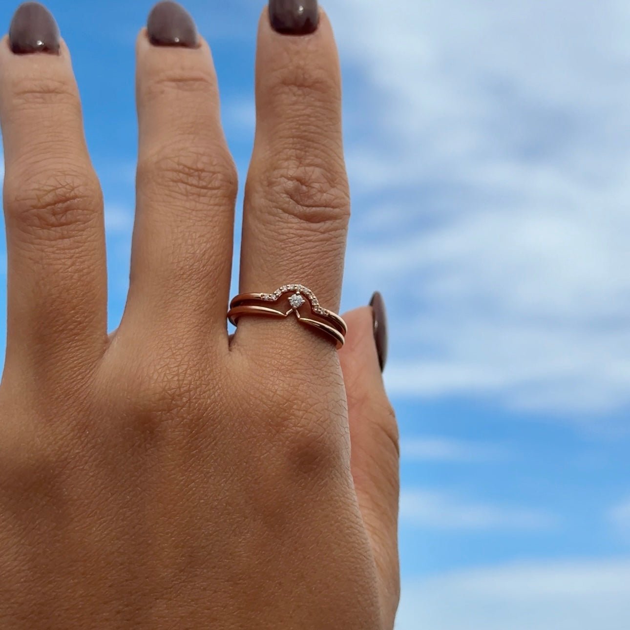 14K Rose Gold Diamond Curve Double Layer Ring - Elegant Stackable Band for Women, Perfect for Weddings, Anniversaries & Everyday Wear