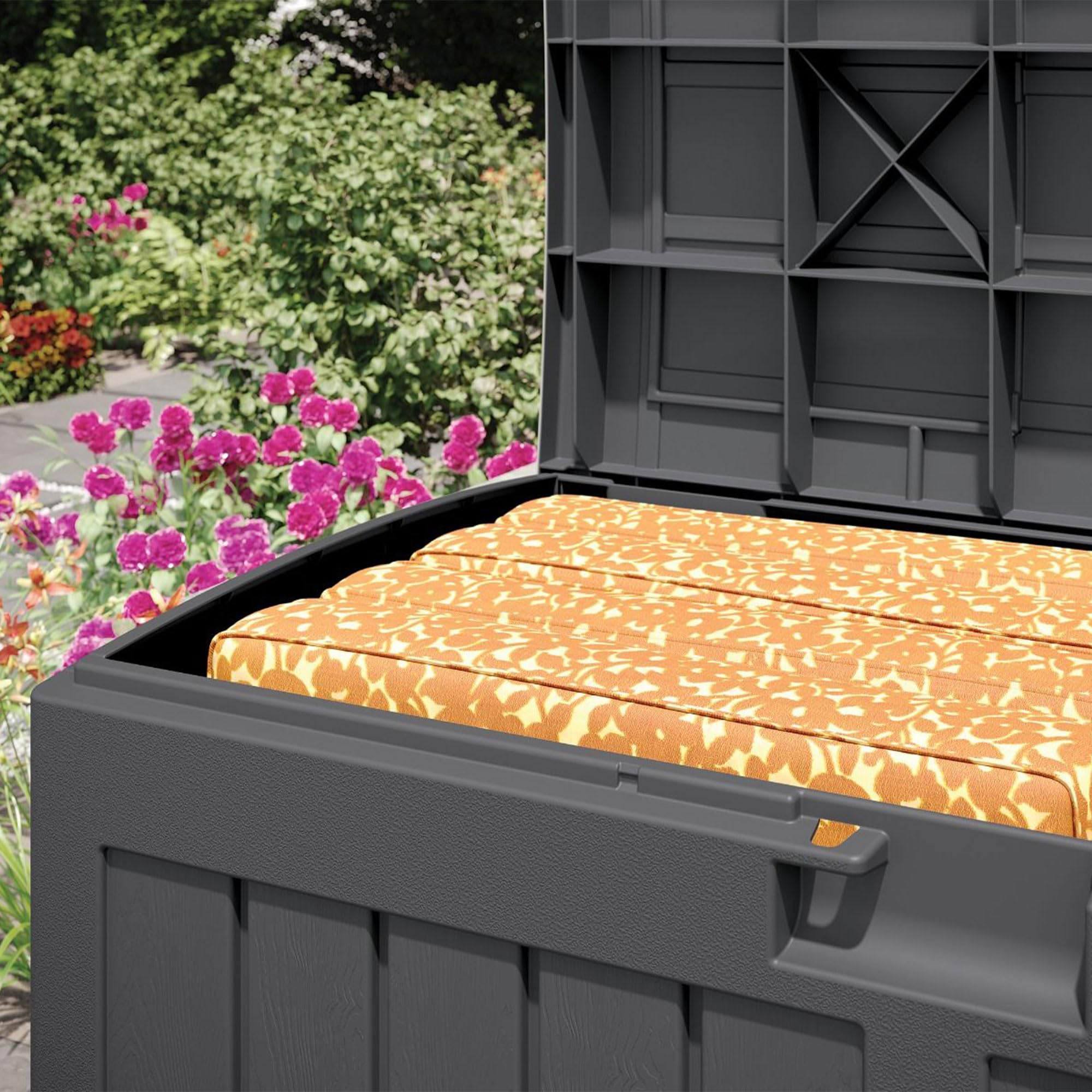Suncast 50 Gallon All-Weather Resin Outdoor Storage Deck Box with Arched Lid - Medium Capacity Patio, Garden & Pool Storage Solution - Durable Peppercorn Design for Backyard, Deck or Poolside Organization