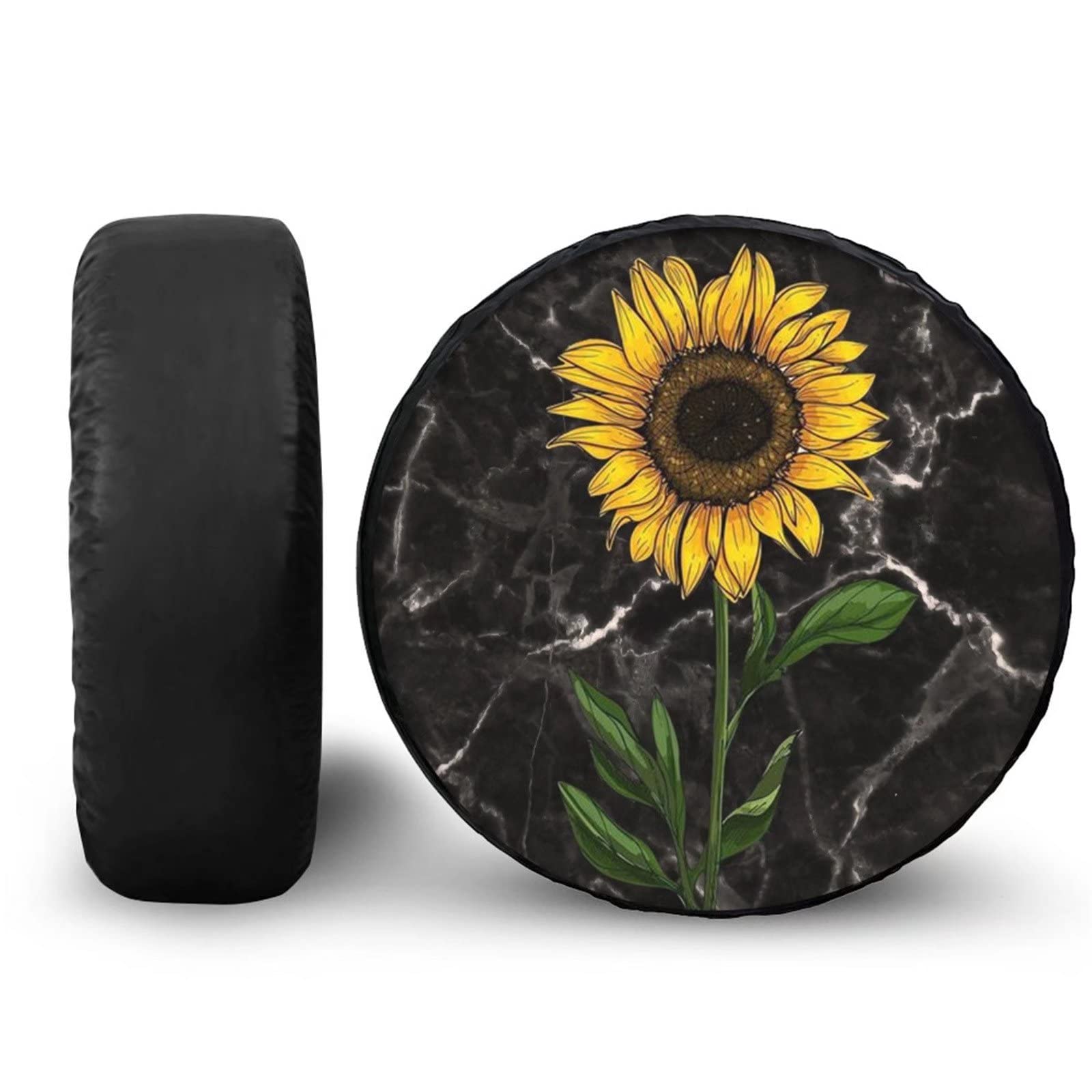 POLERO Marble Sunflower Tire Cover - Waterproof Spare Wheel Protector with Black Marble & Sunflower Design for SUV, Jeep, Truck - Perfect for Outdoor Travel & Camping