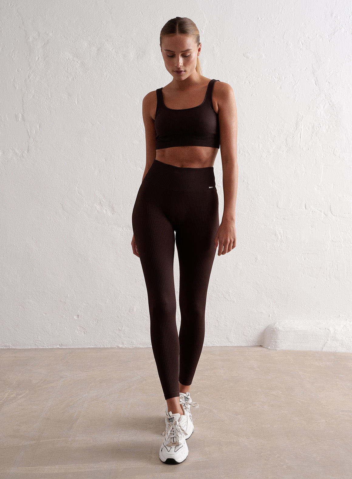 High Waist Cacao Ribbed Seamless Yoga Tights for Women - Perfect for Workouts, Running & Everyday Comfort