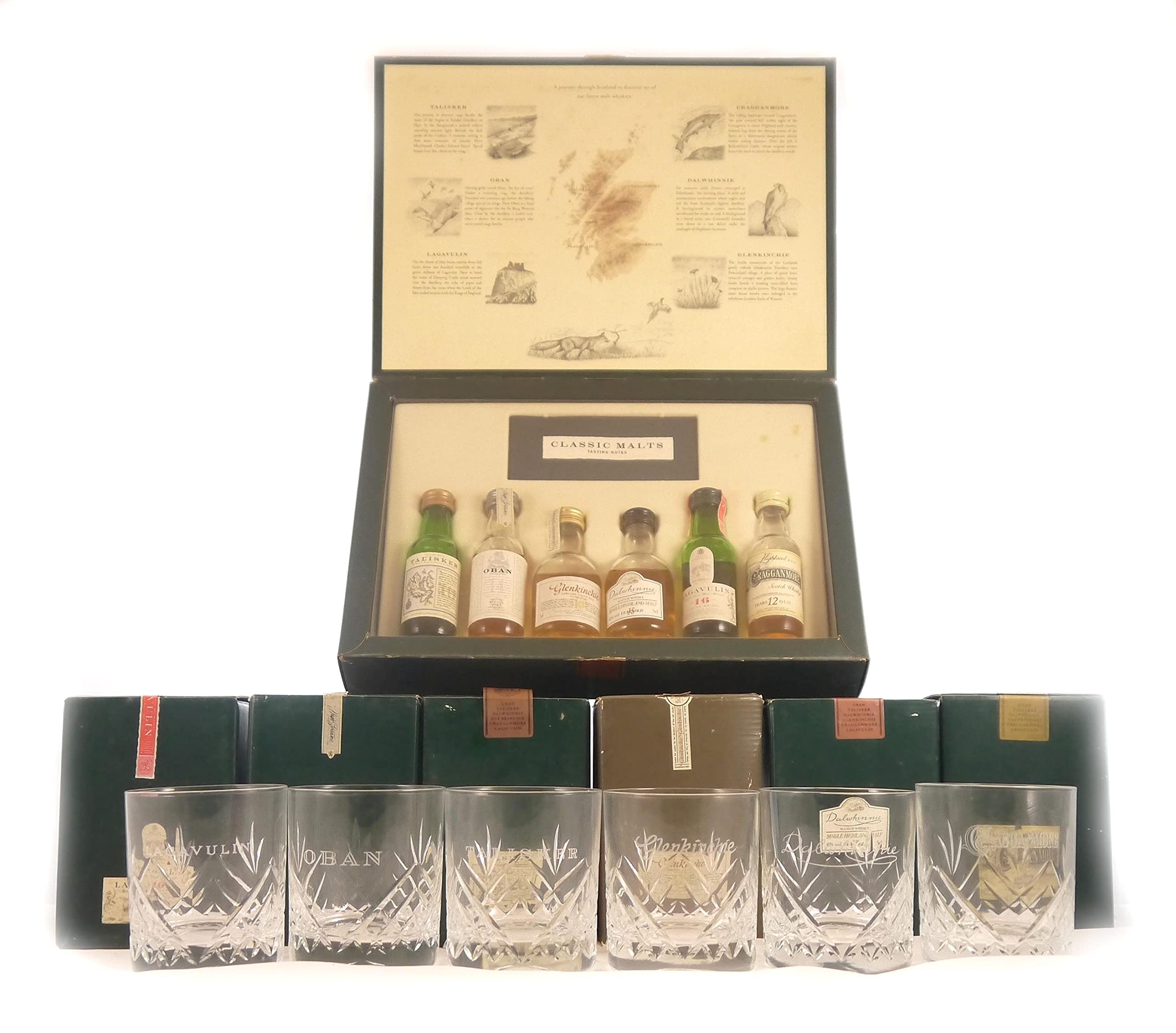 Premium Scotch Whisky Miniature Tasting Set with 6 Glass Tumblers - 6 x 5ml Sample Bottles of Classic Malt Whisky for Home Tasting & Gift Giving - Perfect for Whisky Lovers, Dinner Parties & Special Occasions