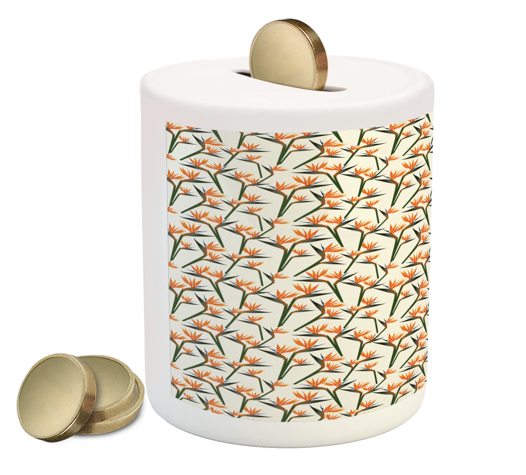 Ambesonne Ceramic Piggy Bank - Tropical Birds of Paradise Flower Design, Colorful Money Saving Box for Cash & Coins | Perfect Gift for Kids, Home Decor & Office Savings Jar (Multicolor)