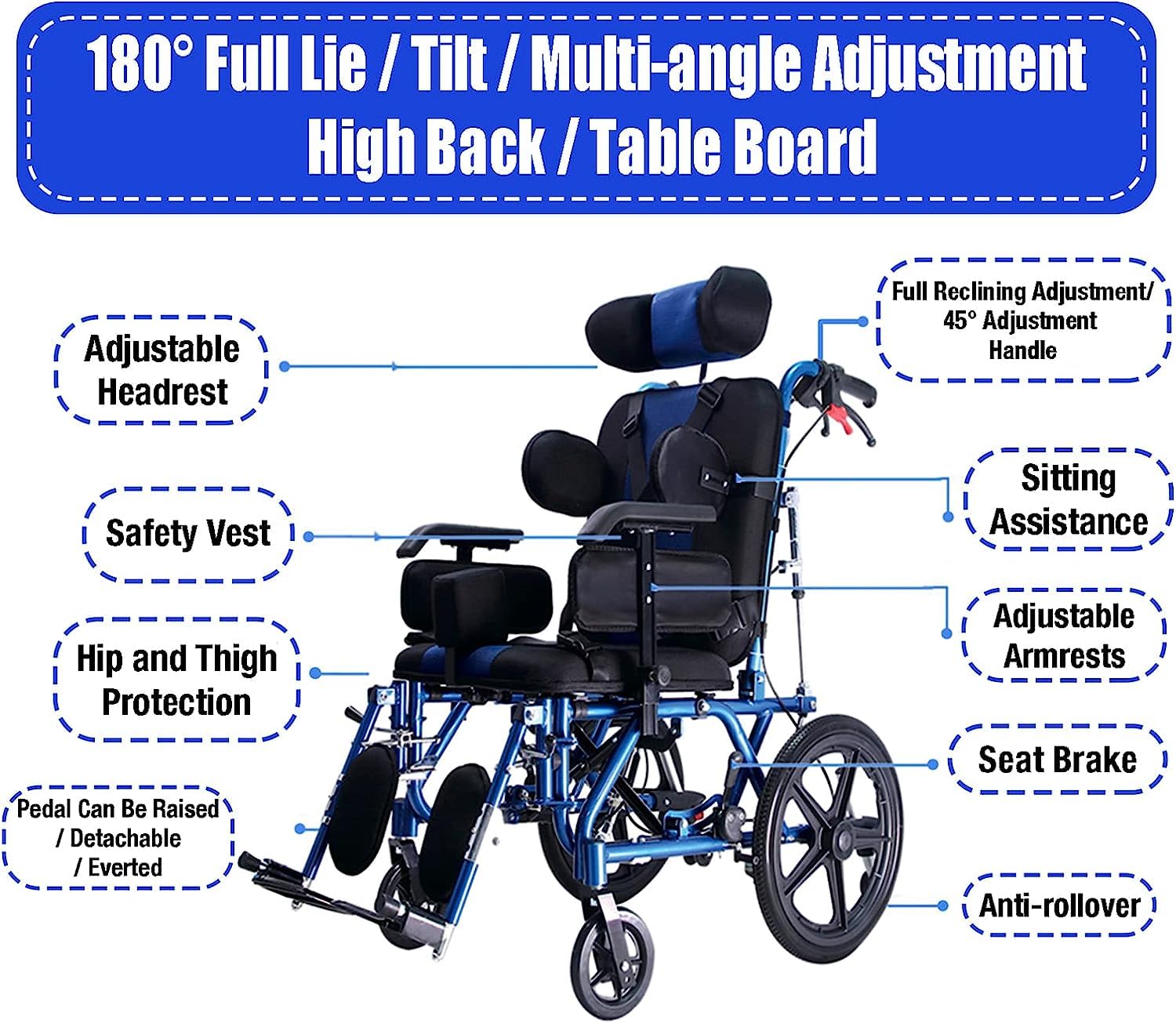 Lightweight Aluminum Alloy Fully Reclining Wheelchair for Adults & Children - High Back Support with Seat Belt & Removable Tray - Ideal for Stroke Recovery, Hemiplegia, Cerebral Palsy & Daily Mobility - Home Use & Outdoor Travel