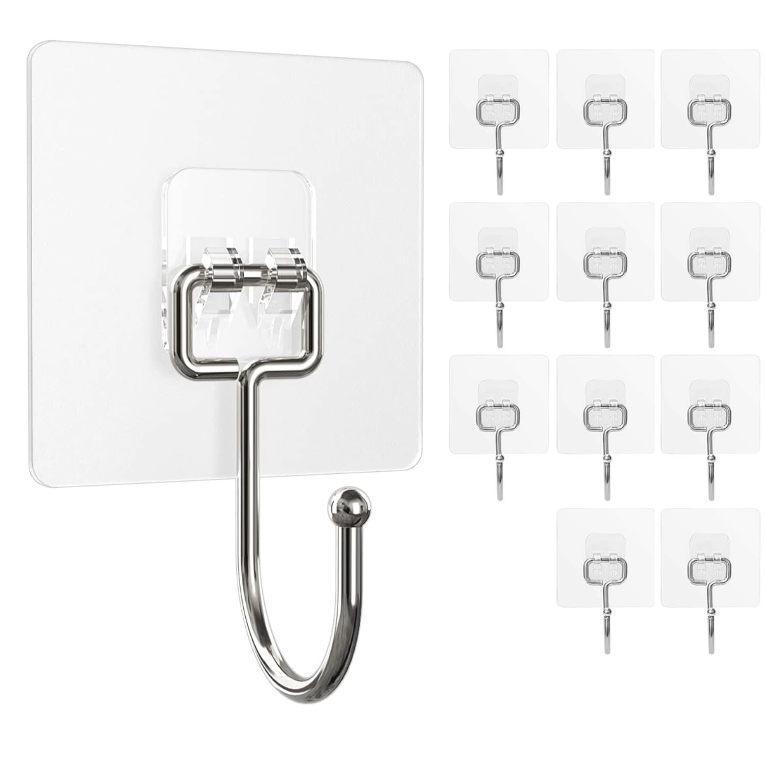 Heavy Duty Sticky Adhesive Hooks 44lbs Max - Transparent Waterproof Wall Hooks for Bathroom, Kitchen & Office - Oil Proof & Rustproof Hanging Hooks for Towels, Coats & Home Organization (12 Pack) - Perfect for Hanging Heavy Items in Bathrooms, Kitchens, Dorm Rooms & Workspaces