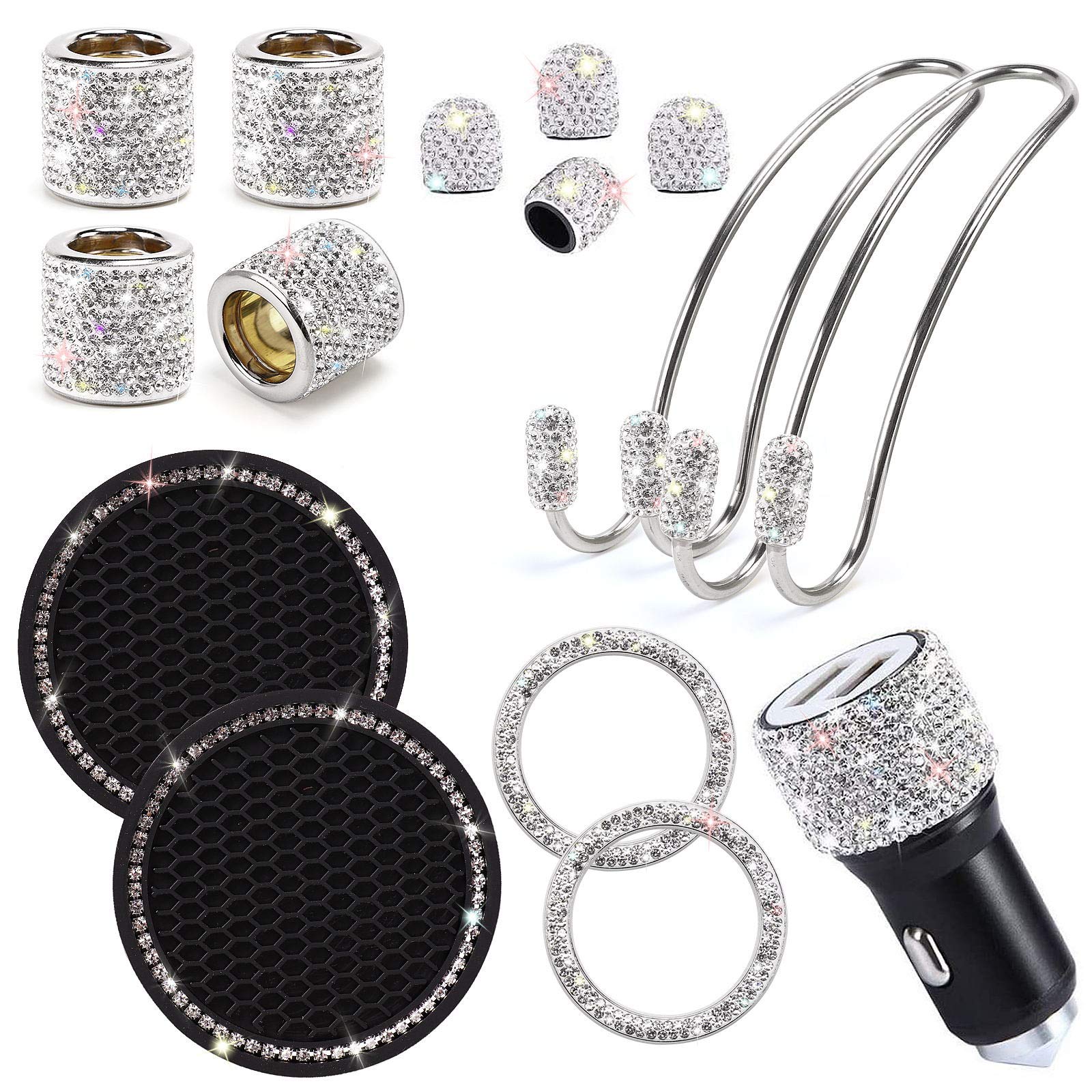 Stylish Bling Car Accessories Set for Women - Diamond Headrest Covers, Dual USB Charger, Backseat Hooks, Cup Holder & Tire Valve Caps (White) | Perfect Gift for Car Lovers & Fashionable Drivers