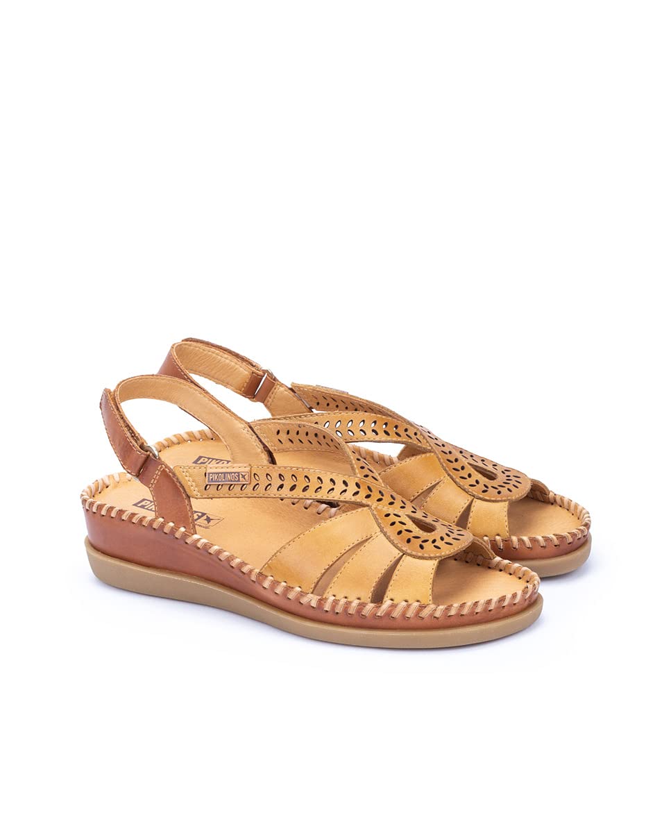PIKOLINOS Women's Leather Wedge Sandals - Comfortable Honey Color Slip-On Shoes for Casual Wear, Beach & Summer Outfits