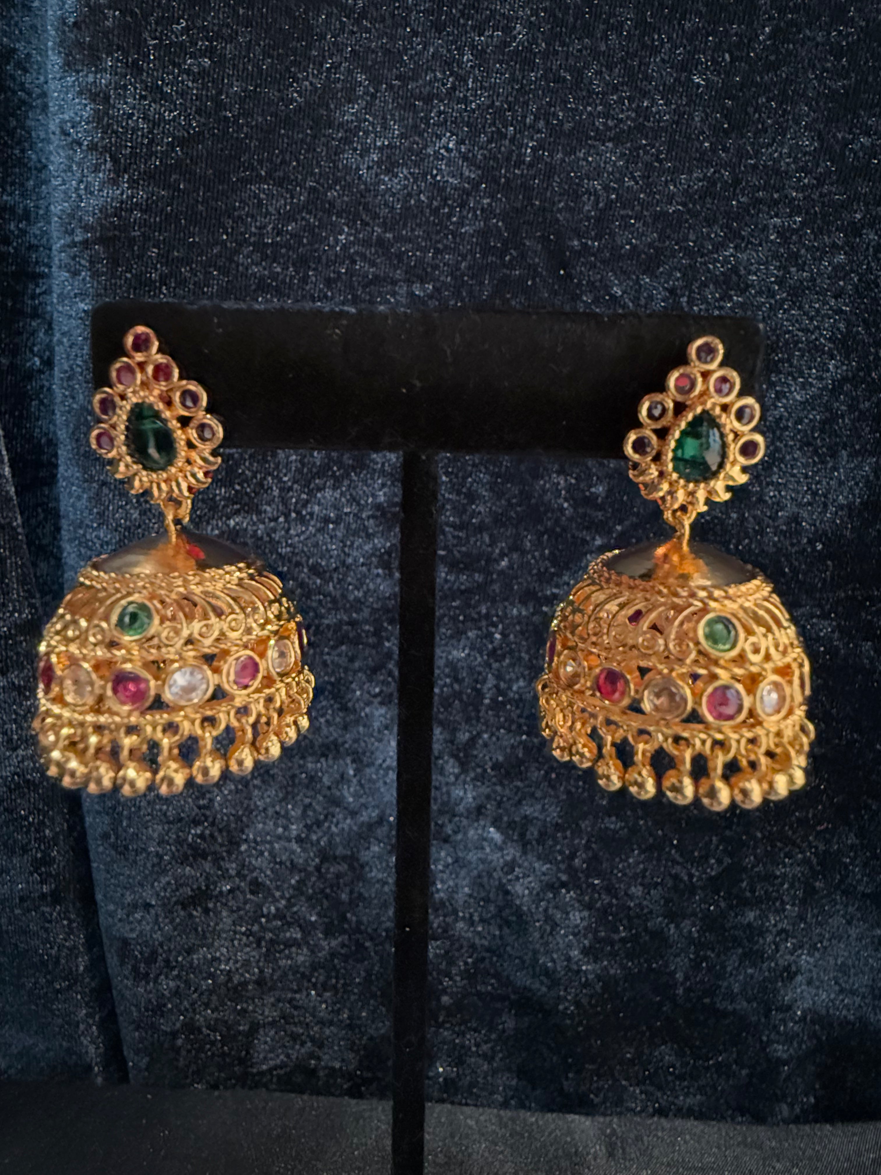 Exquisite Gold Plated Designer Jhumka Earrings with Multicolor Stones & Golden Beads – Perfect for Weddings, Parties & Ethnic Fashion