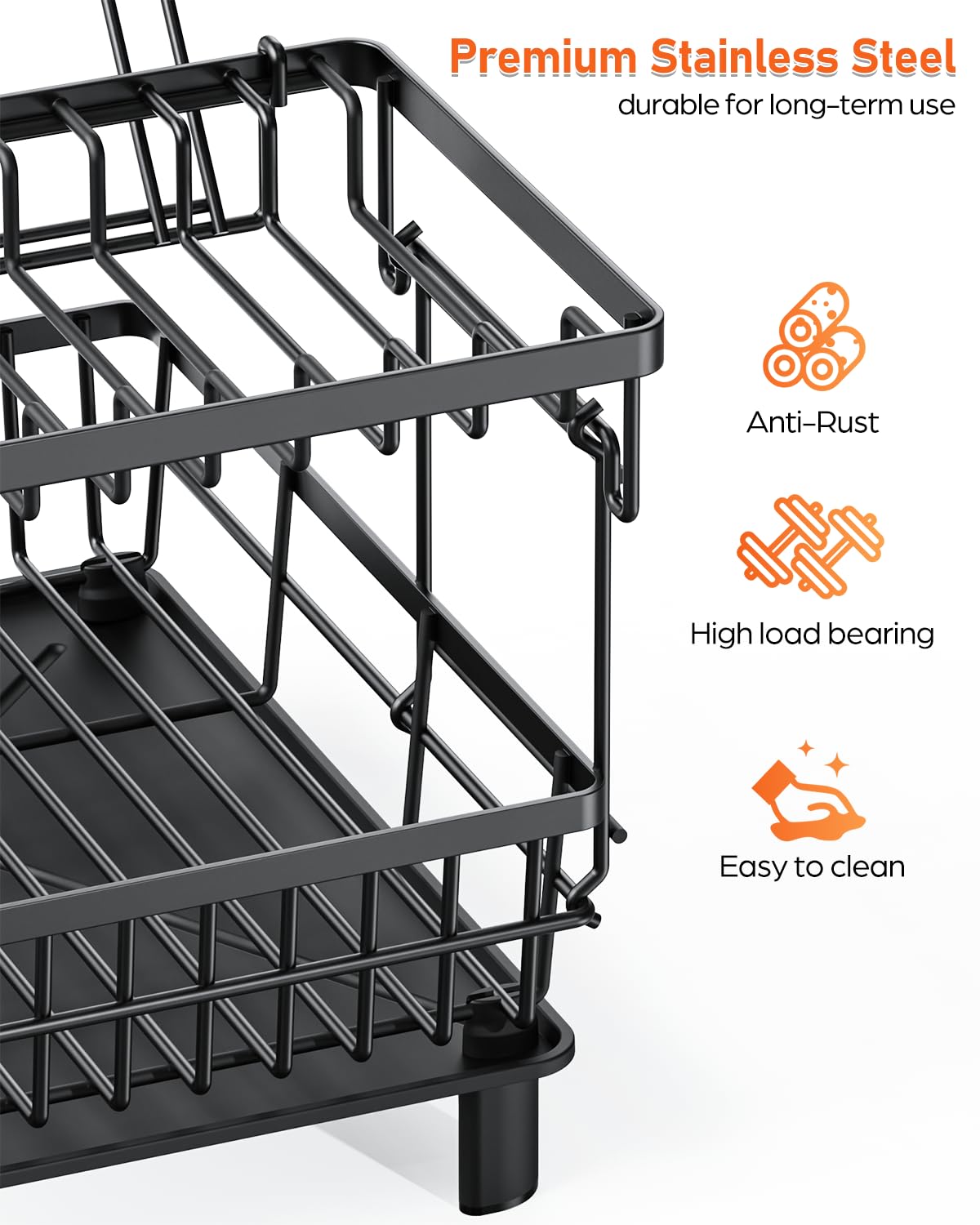 2 Tier Stainless Steel Dish Drying Rack with Drainboard - Space Saving Kitchen Counter Organizer for Dishes, Cups, Utensils, Knives, Spoons & Forks | Perfect for Small Kitchens, Apartments & RVs (Black)