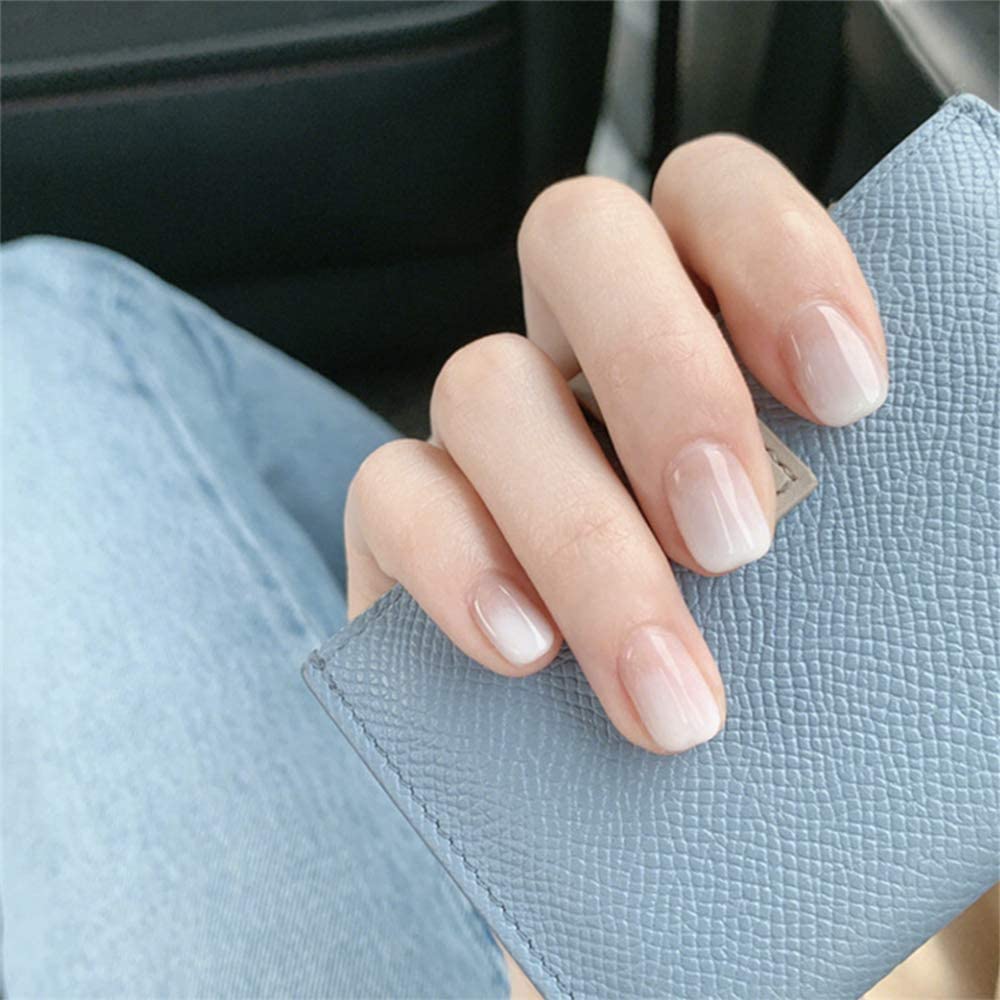 24Pcs French Ombre False Nails - Glossy Gradient Short Square Fake Nails with Glue & Salon Clip - Full Cover Acrylic Nails for Women & Girls (White) - Perfect for Parties, Weddings & Daily Wear
